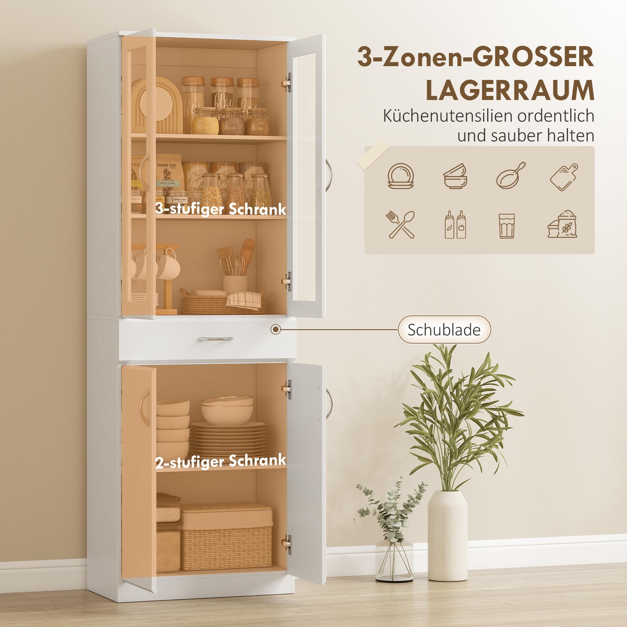 HOMCOM Küchenschrank mit Verstellbarem Regal 60 x 35 x 180 cm Weiß | Buffetschrank, Schublade, 2 Schrank, Hochschrank mit Glastür, Soft-Close-Funktion, für Küche Esszimmer Wohnzimmer