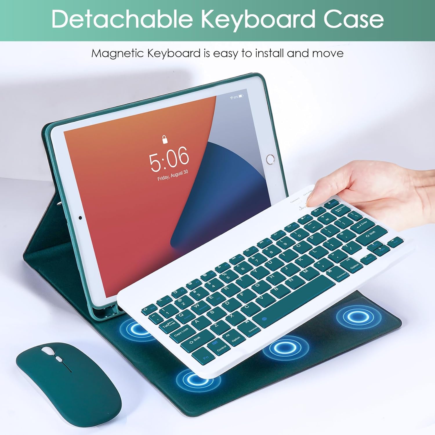 Keyboard Case for iPad 9th 8th 7th Generation 10.2 Inch, Detachable Bluetooth Keyboard Case with Pencil Holder and Mouse for iPad 9th/8th/7th & iPads Air 3rd 10.5"/iPads Pro 10.5", Green