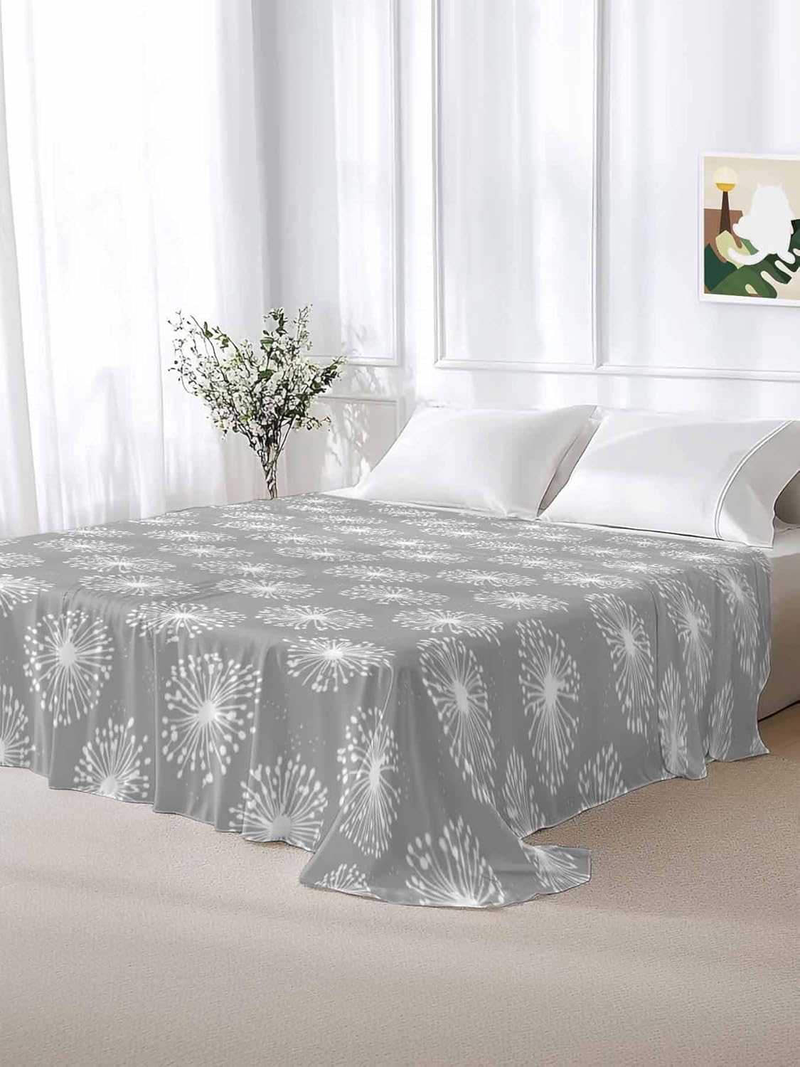 Top Sheet King Bedding Flat Sheet Only, Spring Fields Dandelion on Gray Microfiber Bed Sheets Soft Breathable Bedding Flat Sheets, Country Botantical Hotel Luxury Top Sheets
