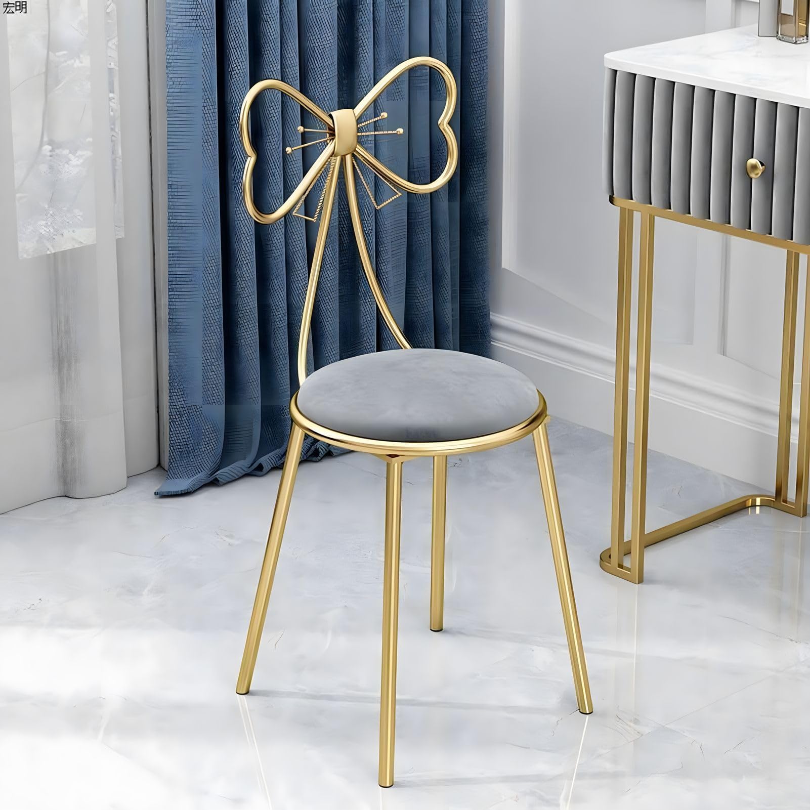 Itetone Girls Grey Dresser Chair Vanity Chairs, Velvet Vanity Table Chair, Dressing Table Stool Cute Bow High Backrest, Makeup Chair For Room, Clothing Store, Dressing Room Gray