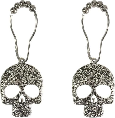 Miniatura 7 de Juego de 12 ganchos decorativos para cortina de ducha con calavera de azúcar, acero inoxidable, esqueletos inoxidables, anillos para cortina de