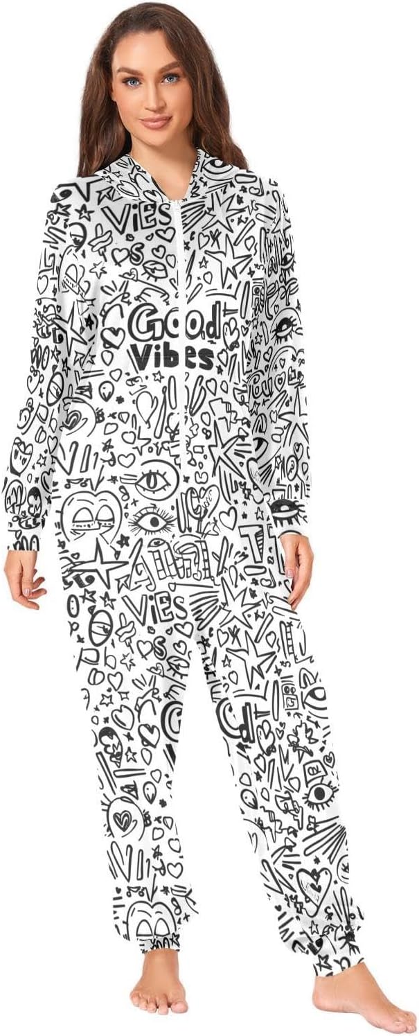 ZZKKO Cartoon Graffiti Adult Onesie Pajamas for Women Men Cozy One Piece Pajamas Costume Zip-Up Hooded S-XL
