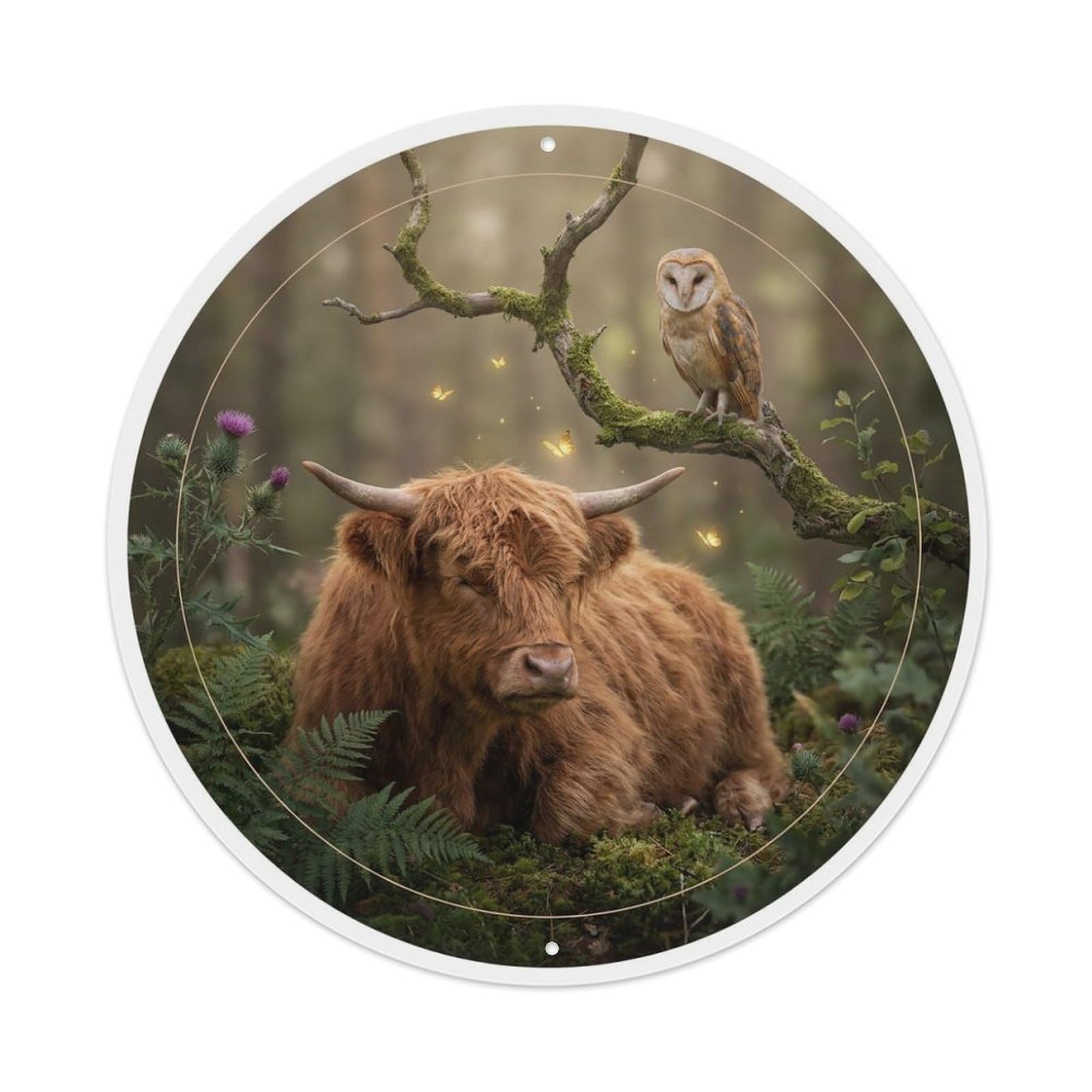 Highland Cow Barn Owl Rustic Farm Animal Wildlife Pair Metal Tin Sign Plaque Wall Decor for Cafe, Man Cave, Club Bar, Office, Home Garden Round Metal Poster 8x8Inch