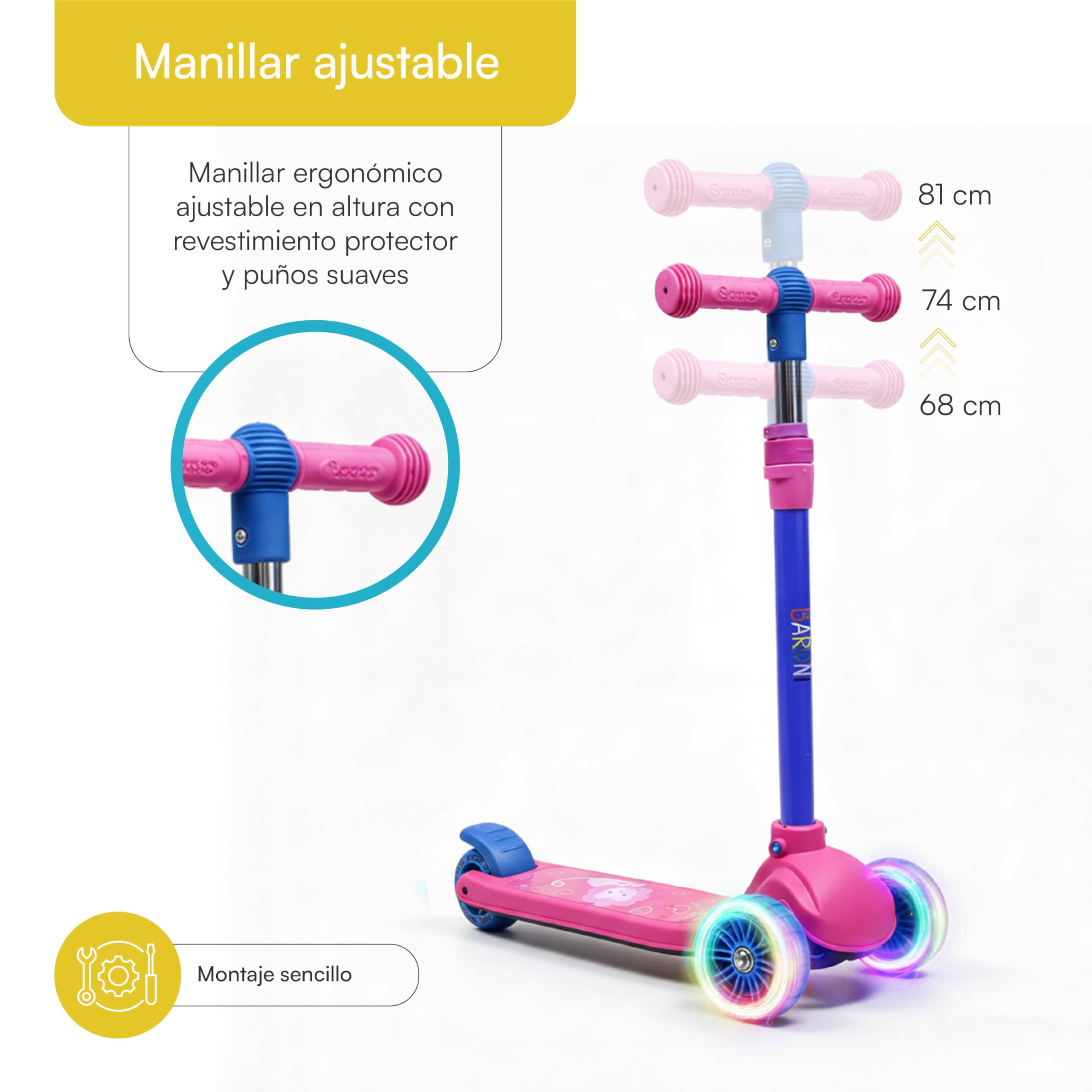 Patinete De 3 Ruedas Baroni Toys Con Luces LED Sin Pilas – Manillar Ajustable En 3 Alturas, Freno Trasero, Para Niños De 3 A 6 Años