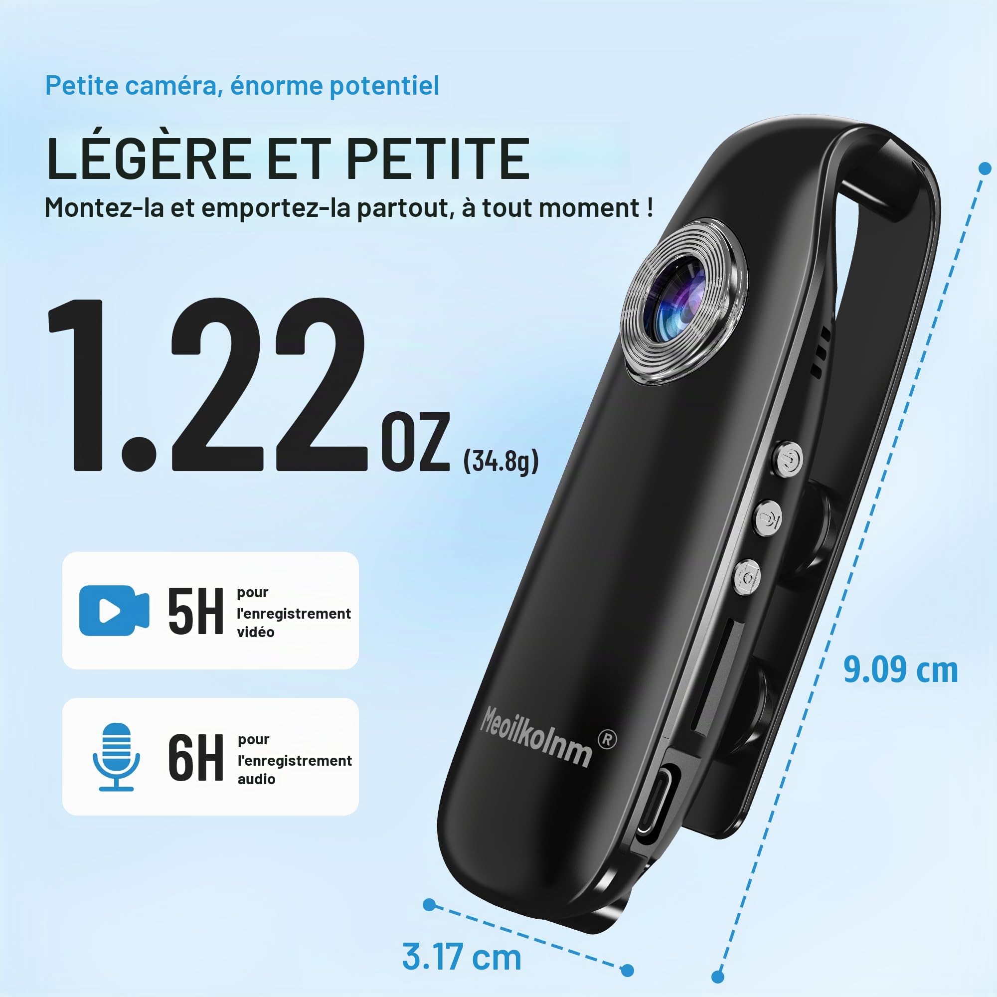 Meoilkolnm Mini caméra corporelle avec enregistrement vidéo audio 1080p 64 Go Portable POV Détection de mouvement Enregistreur vidéo avec poche magnétique DV Portable pour cyclisme, animaux
