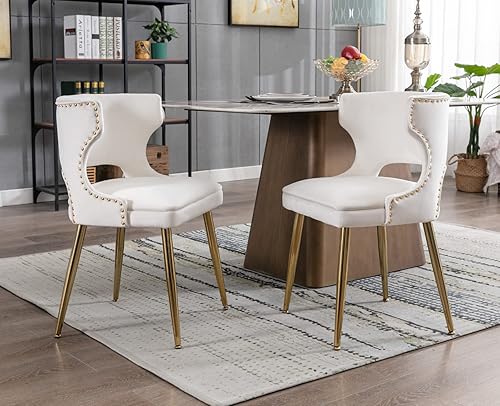 Miniatura 4 de EALSON Juego de 2 sillas de comedor tapizadas de lino, modernas de mediados de siglo, con patas de madera, adornos de cabeza de clavo, sillas de