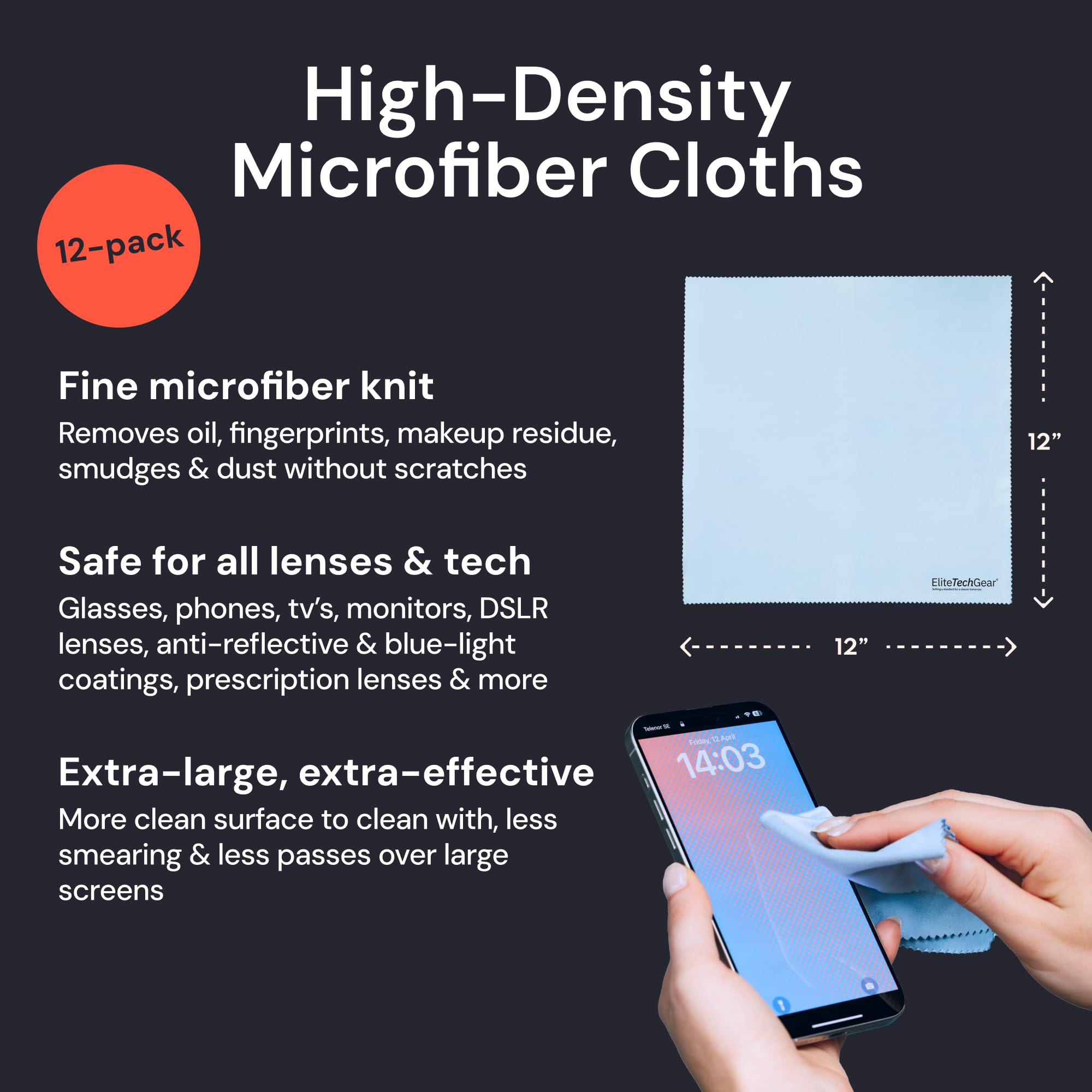Elite Screens Microfiber Cleaning Cloth - Pack of 12, 12" x 12", Blue - Streak-Free Vision & Glasses Wipes - Quick-Dry Reusable & Eyeglass Wipes - Portable & Screen Cleaning Cloth