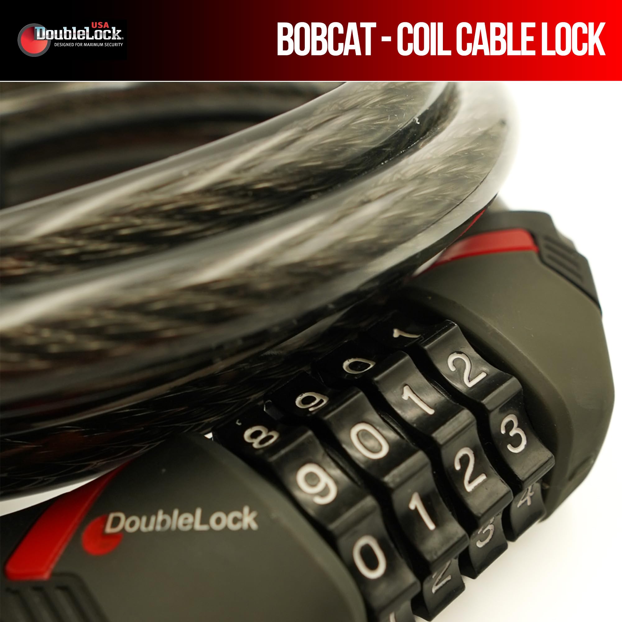 DoubleLock Bobcat XL Bobcat - Candado de cable con combinación de bobina y soporte para bicicleta, cable compacto de 4 dígitos de 4 dígitos de grosor para bicicletas, bicicletas eléctricas, scooters