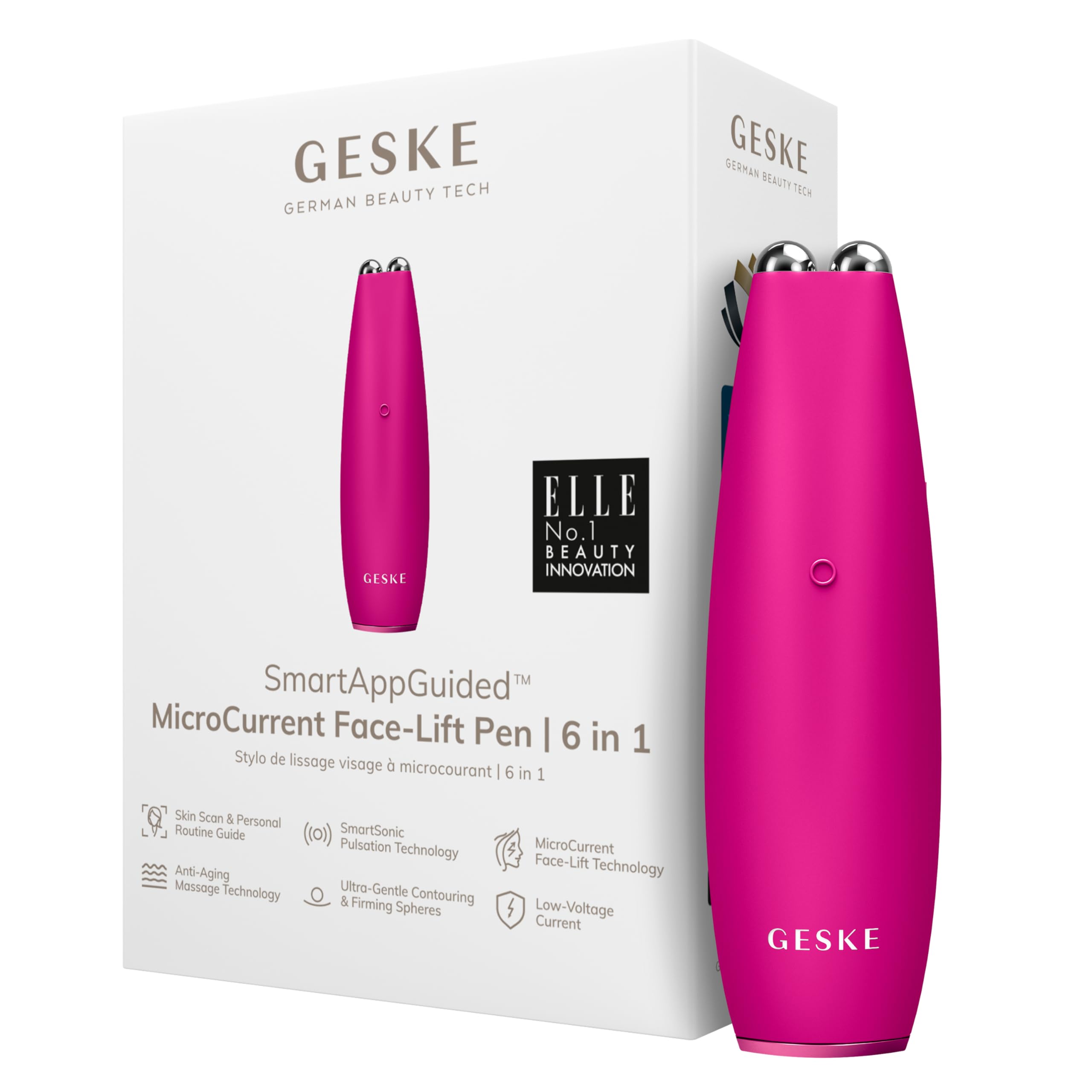 GESKE SmartAppGuided MicroCurrent Face-Lift Pen | 6 in 1 | Anti-aging device | Instant face lift | Skincare tool | Remove wrinkles for firm & youthful skin | Advanced smoothing facial firmer