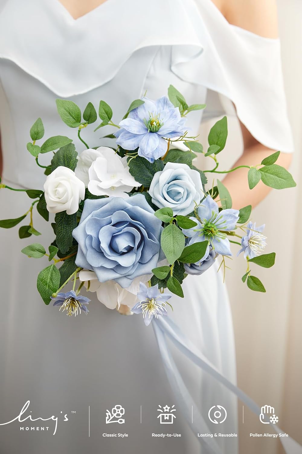 Ling's moment Artificial Bridesmaid Bouquets Set of 6,Dusty Blue Wedding Flower Bouquets Blue Rose Floral Bouquet Bridal Bouquets with Ribbon,Ceremony,Anniversary,7-inch Diameter