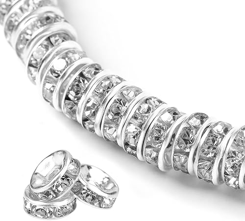200 cuentas espaciadoras Rondelle de 0.236 pulgadas chapadas en plata con diamantes de imitación, cuentas sueltas para collares, pulseras,