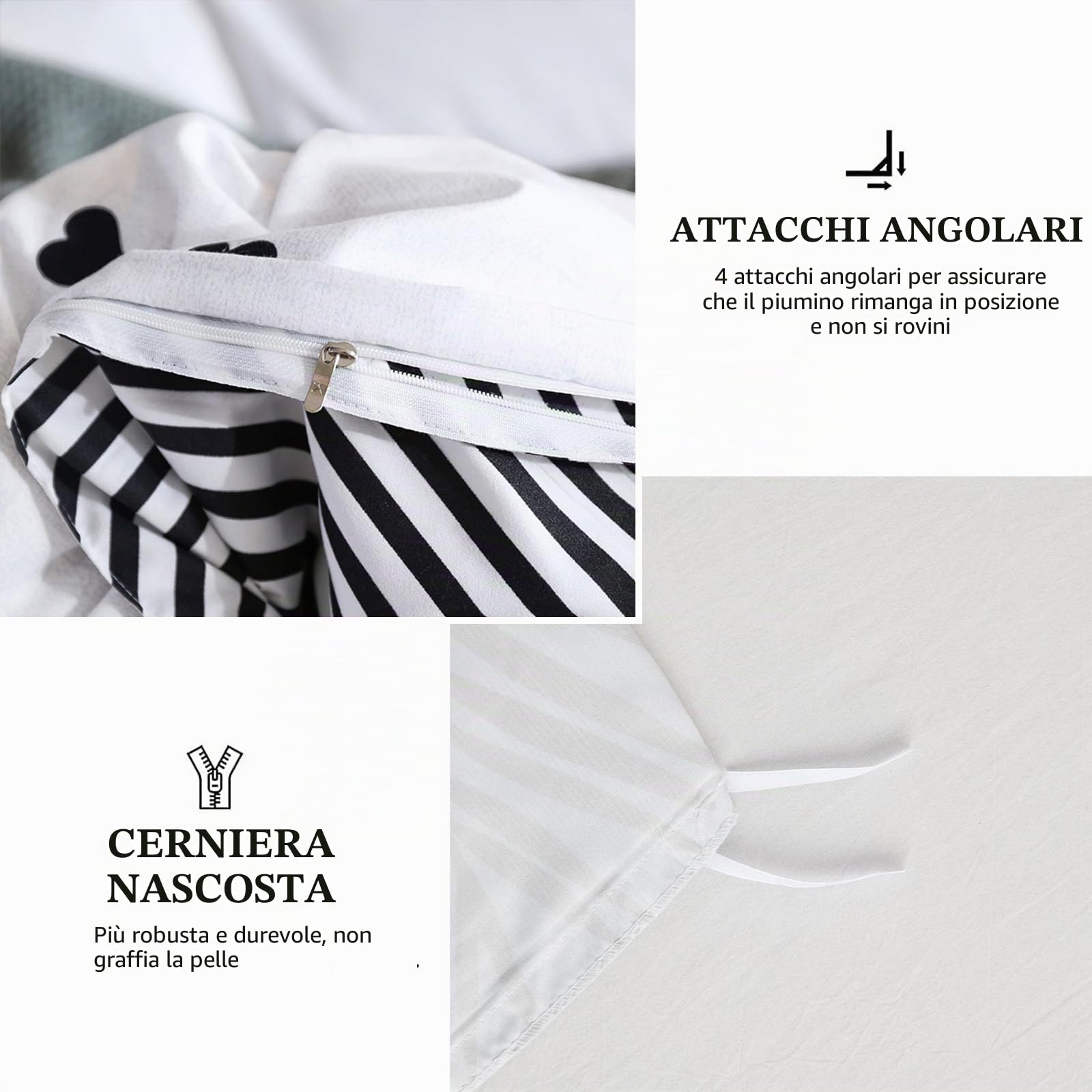 Freyamy Copripiumino 220 x 240 cm+2 federe 65 x 65 cm cuore stampato bianco nero set da letto matrimoniale per adulti motivo cuore set copripiumino in microfibra con cerniera