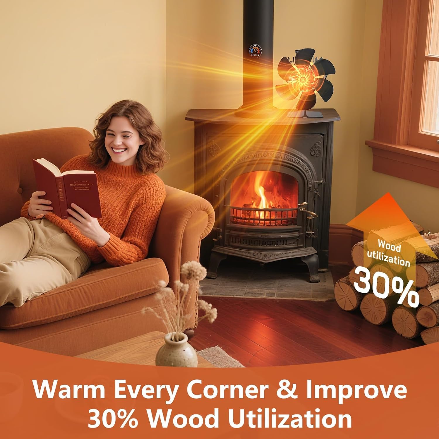 Wood Stove Fan Heat Powered | Fireplace Fan Heat Activated w/Thermometer
