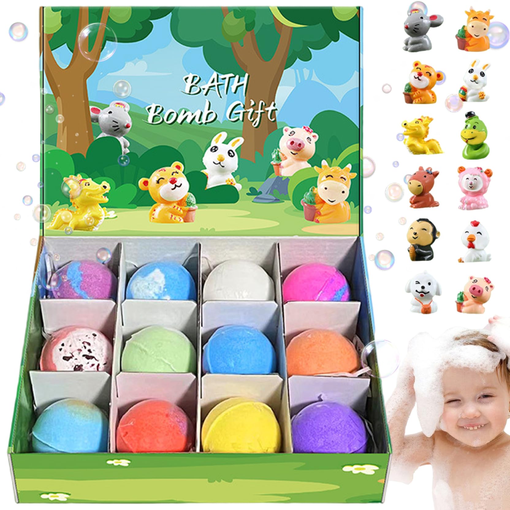 12 Unids/Set Bombas de Baño con Juguetes en el Interior Bombas de Baño de 2 Pulgadas con Lindos Juguetes de Animales, Suministros de de Burbujas Coloridas y Gaseosas Seguras para Niños