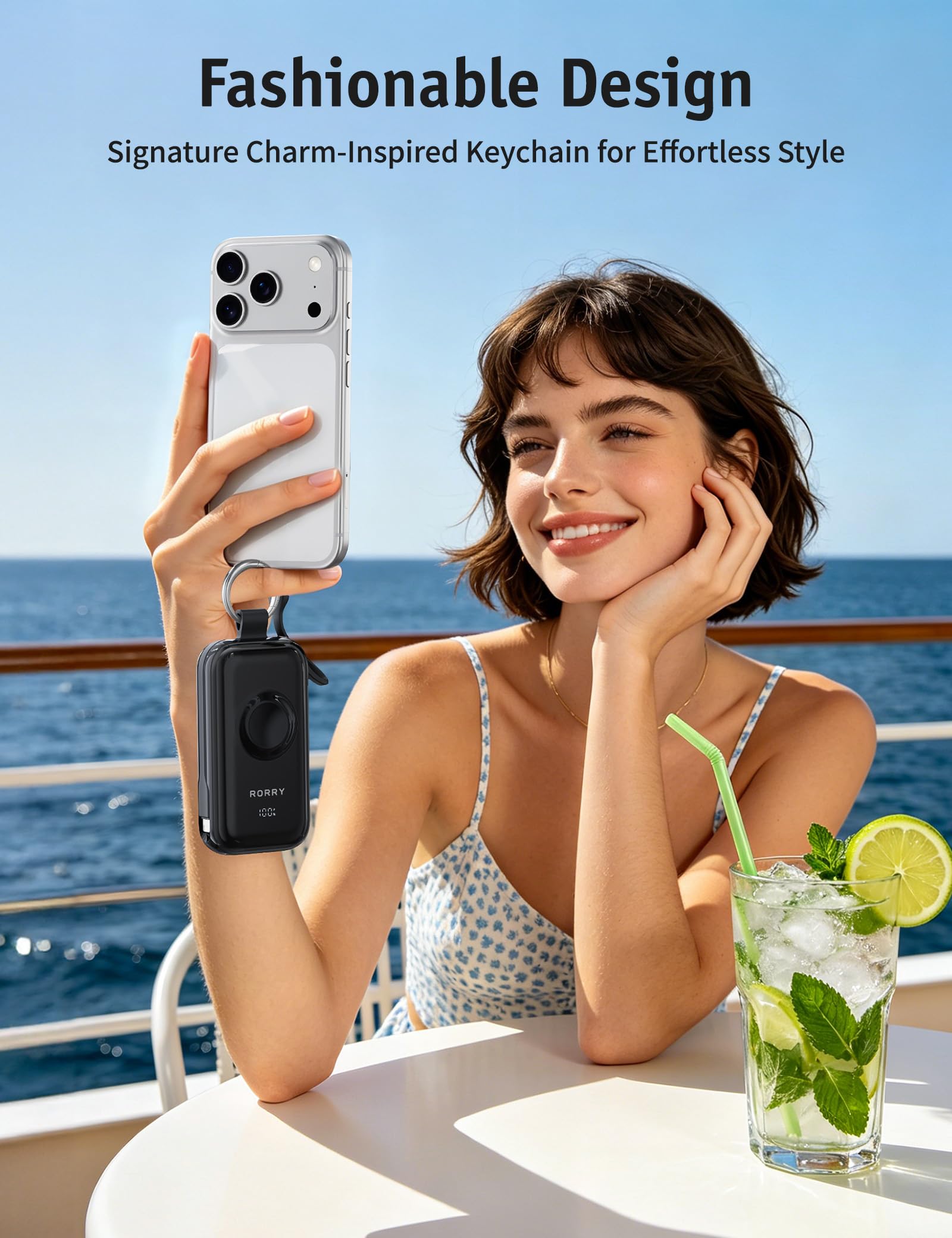 RORRY CharmGo Chargeur Portable 45 W à Charge Rapide, 10 000 mAh avec câbles intégrés, Batterie pour iPhone 17/16/15/14/13/12/11 Pro/Max et Apple Watch Ultra/11/10/9/SE, iPad, Noir