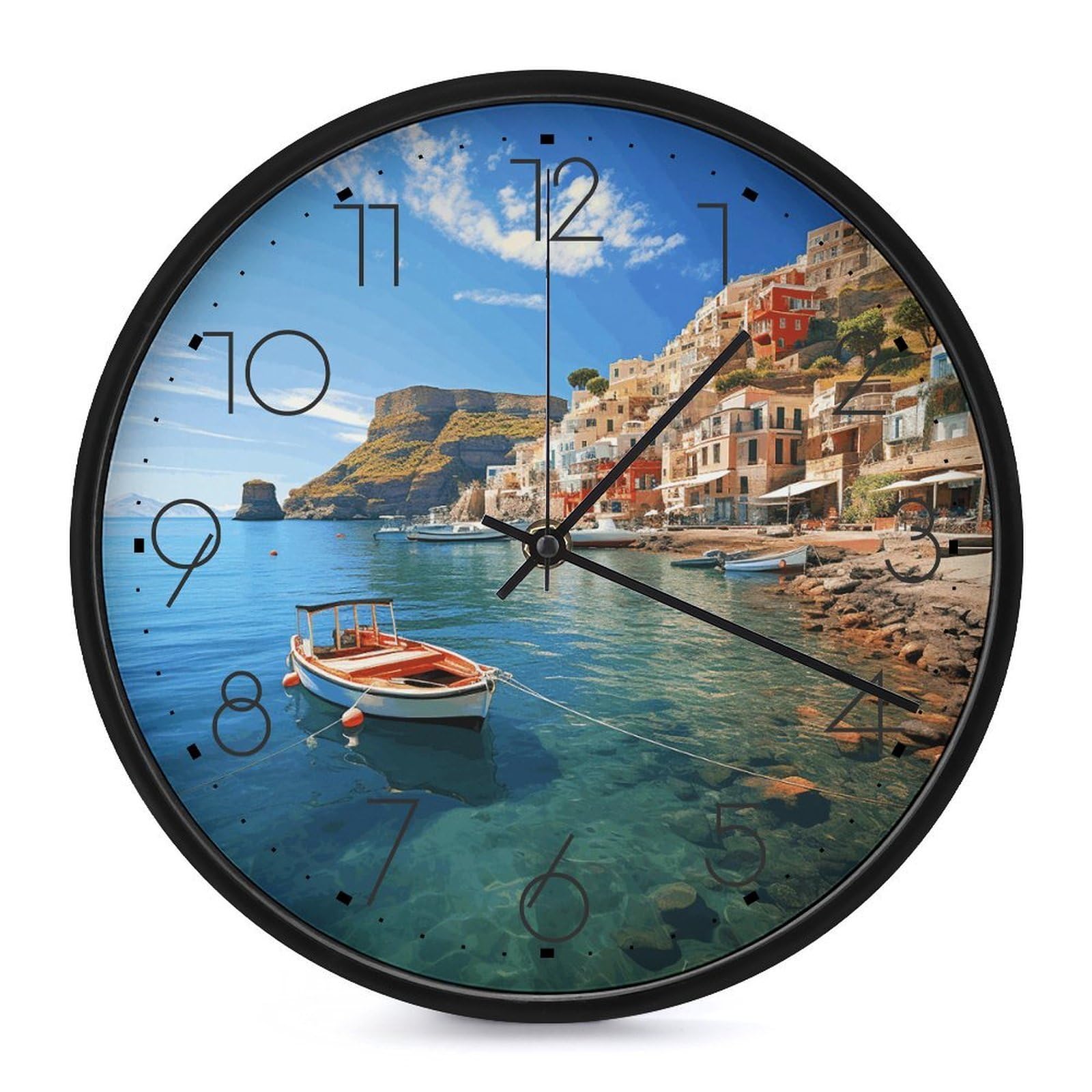 Adfgyerh Black-Style Seaside Town Clock，9.8 Inch Battery Operated Wall Clock Classic Simple, Decorative Wall Clock.analog Clock For Kitchen Office Bathroom Bedroom.