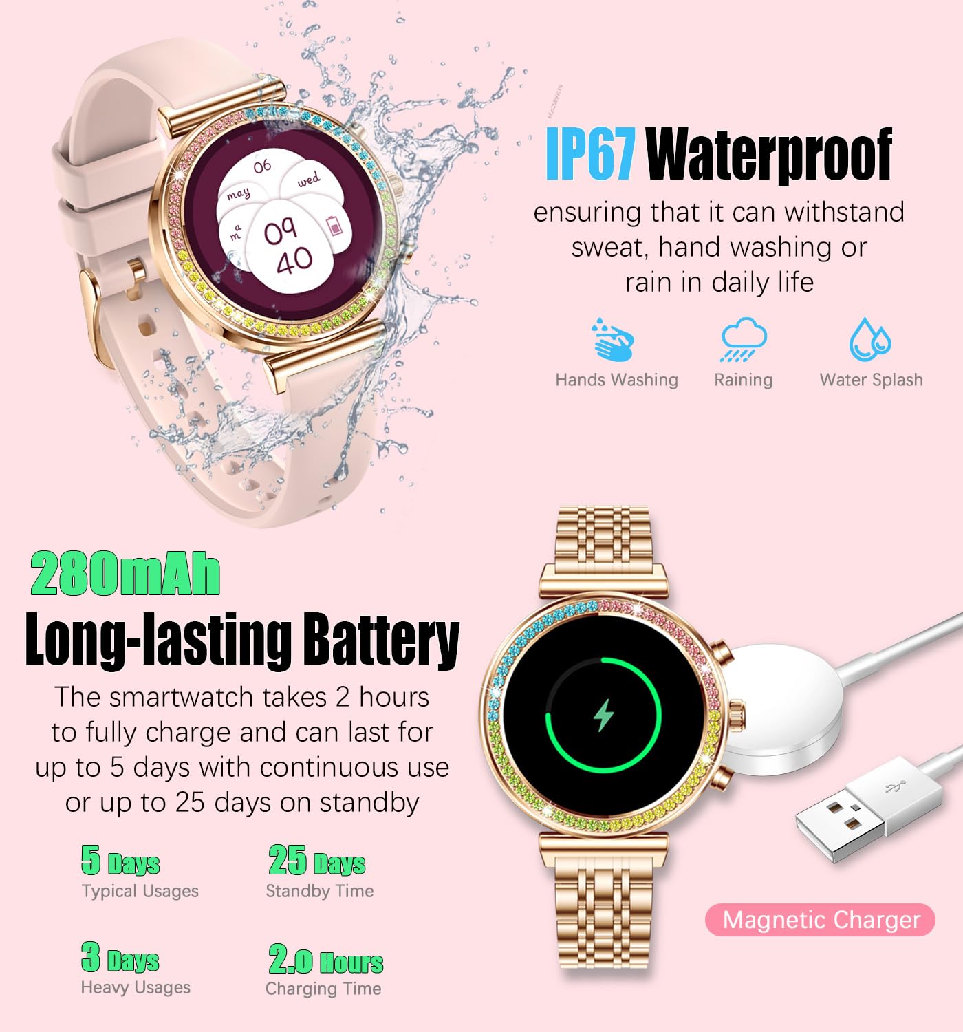 Reloj inteligente de fitness para mujer, pantalla HD de 1.25 pulgadas, llamadas Bluetooth, reloj inteligente deportivo impermeable para mujer, monitor de frecuencia cardíaca, podómetro,