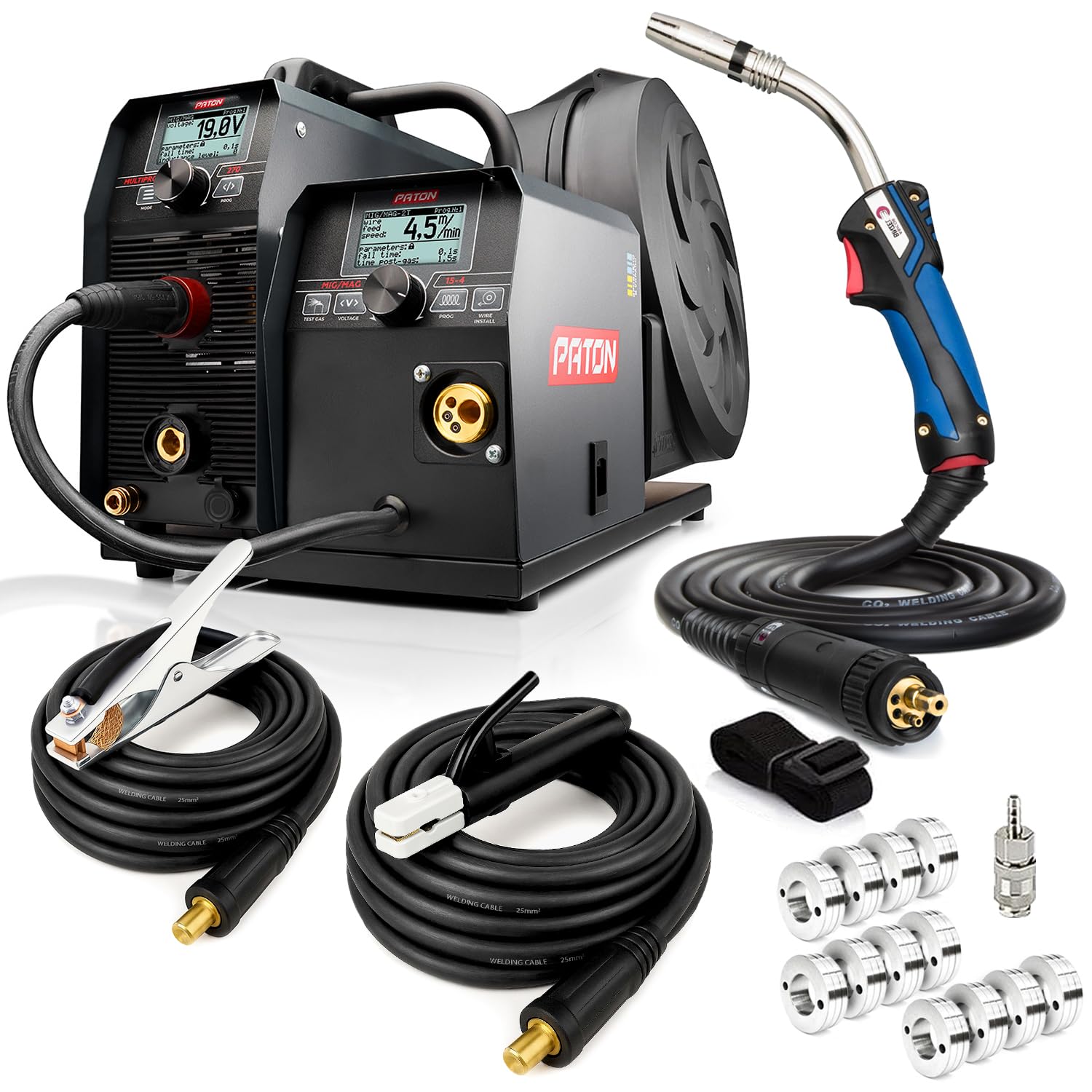 PATON ProMIG 270A soldadora MIG MAG 3 en 1, 400V, con alimentación 15-4, soldadora de electrodos con portaelectrodos y pinza de masa, protección de hilo y correa