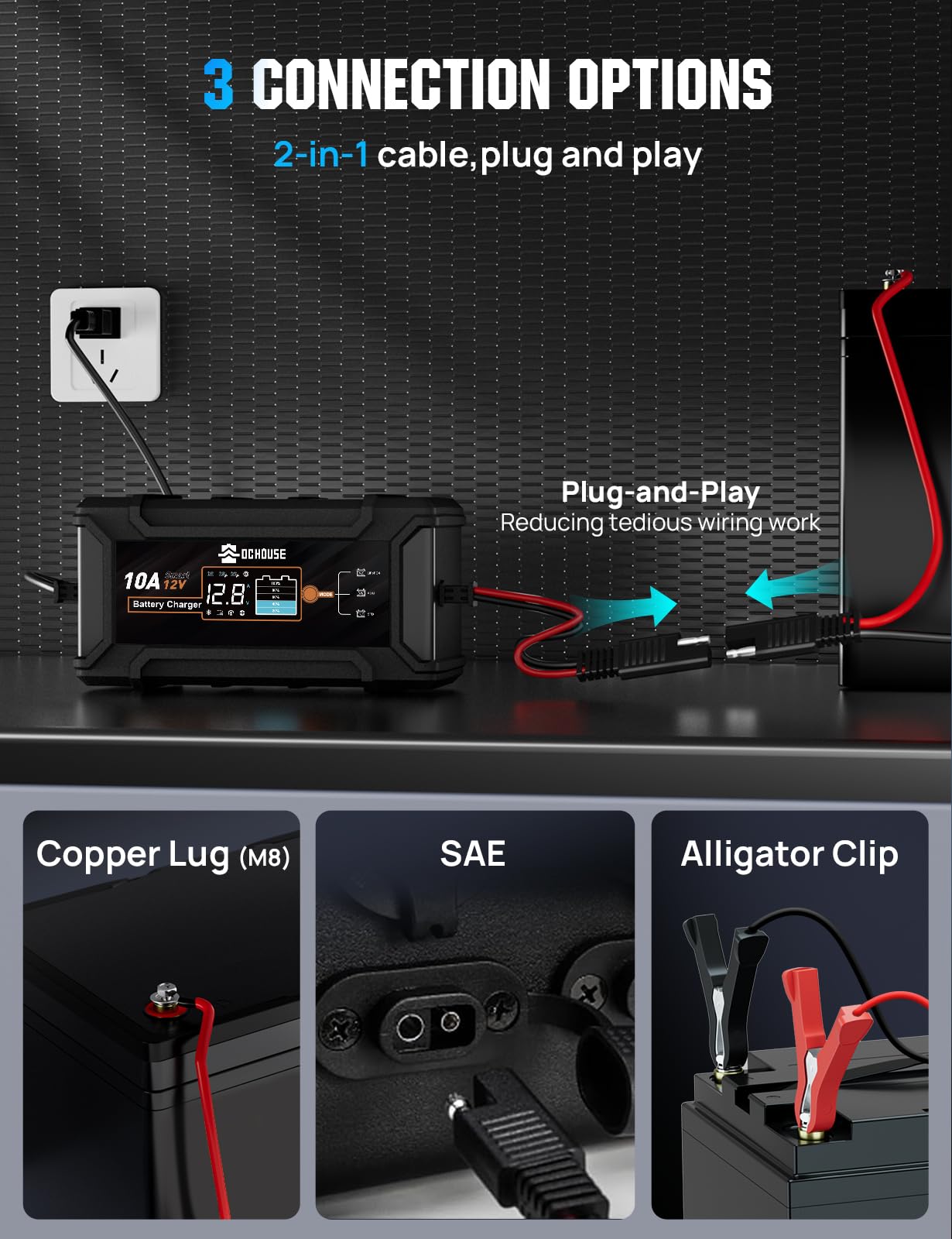 DC House Chargeur de batterie 12 V 10 A, chargeur intelligent de voiture entièrement automatique Désulfateur pour batteries plomb-acide et LiFePO4 de voiture, moto, camion, tondeuse à gazon