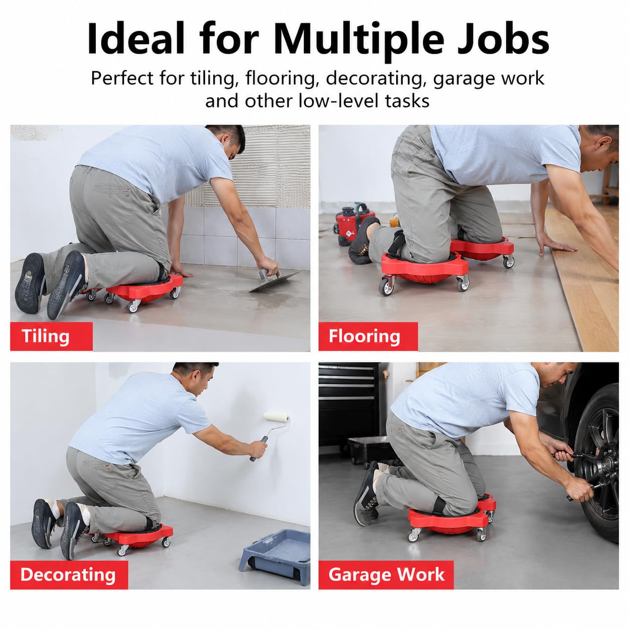 Lot de 2 genouillères à roulettes avec 3 roulettes et coussin en gel confortable, rotation à 360 °, avec roulettes pour le travail, genouillères coulissantes flexibles avec bretelles réglables (Rouge)