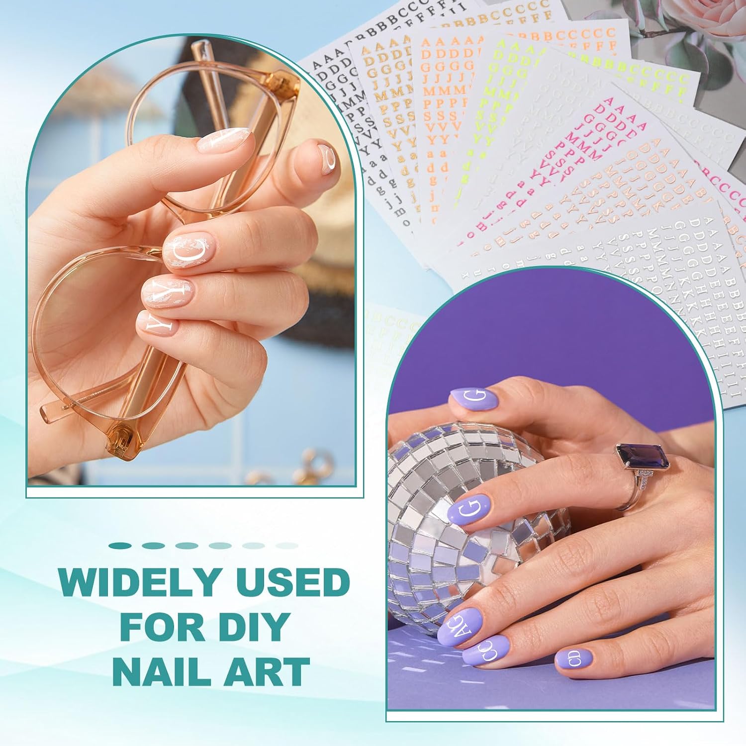 PATIKIL Letter Nail Stickers, 8 Sheet 3D Self-Adhesive English Letter Nail Decal Small Alphabet Art Sticker Metallic Fluorescence Design Manicure for Women DIY Decor, Black