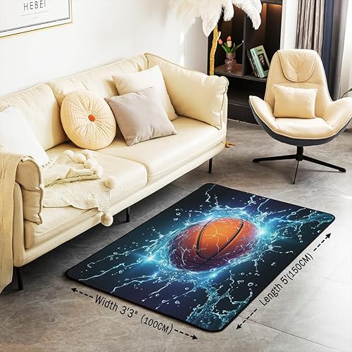 Miniatura 3 de Alfombra de baloncesto de 5 x 7 pies, temática deportiva, para sala de estar, dormitorio, suave, para niños, bola 3D, alfombra decorativa para el