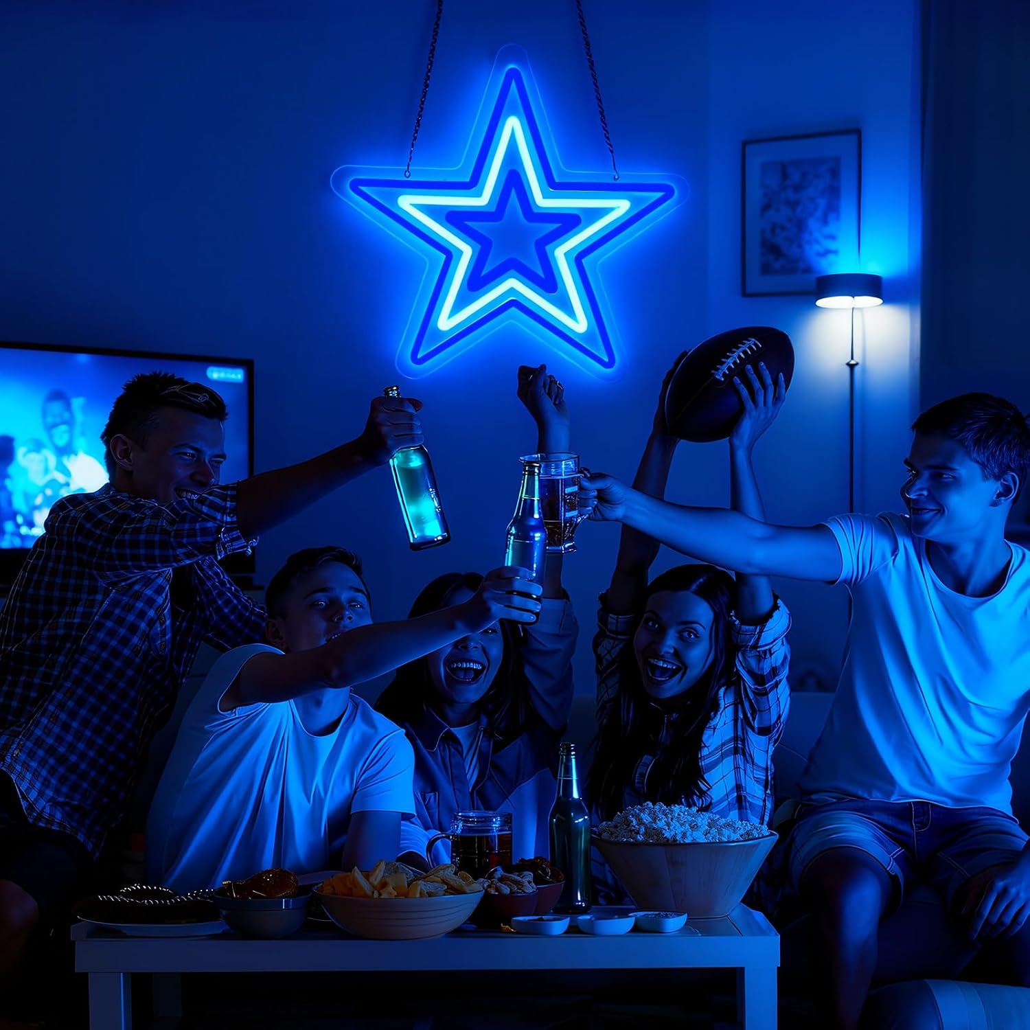 Retisee Christmas Cowboys Football Sign 13.8''x12.6'' Christmas Dimmable Cowboys Football Team Hanging Neon Sign Blue and White Neon Star LED Light Room Wall Fans Decor for Men Sports Lovers Bar Party