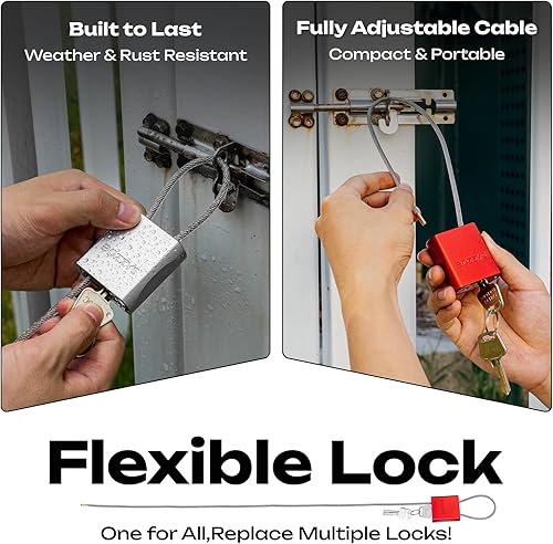 Miniatura 5 de Candado de cable con 3 llaves  L 1.15 pies (1.1 ft), D 16 pulgadas (0.157 in) de bloqueo de cable de acero ajustable  Cerraduras de aluminio para