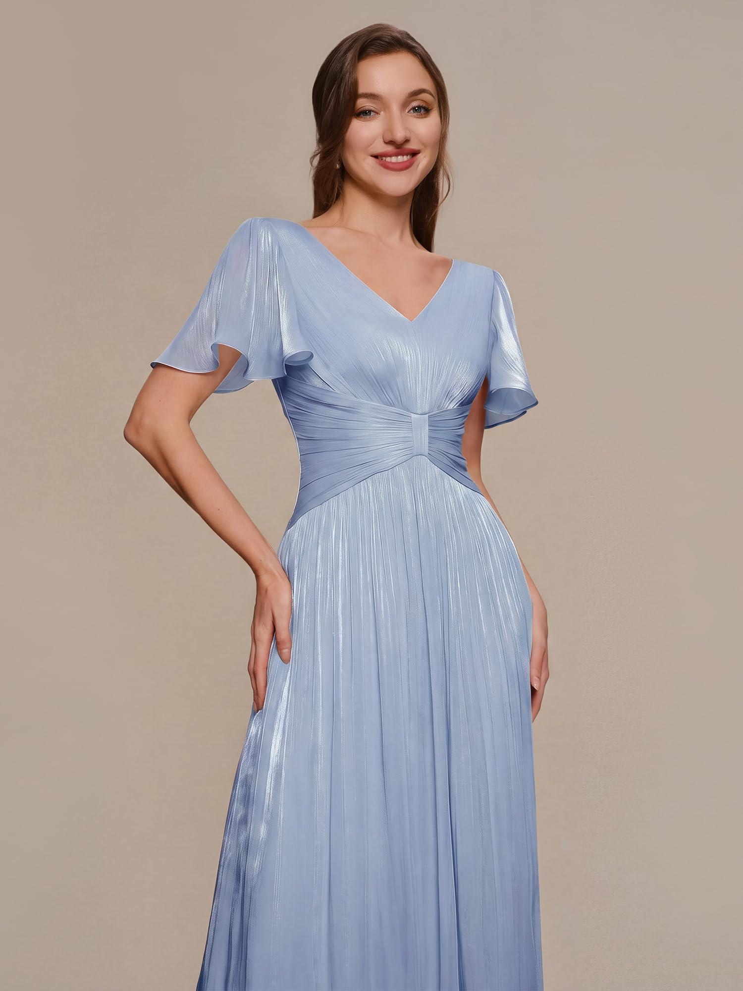 Ever-Pretty Vestito Donna Elegante Collo a V Maniche Corte Sea-Island Filament Fabrics Midi Gonna Svasata EG02770