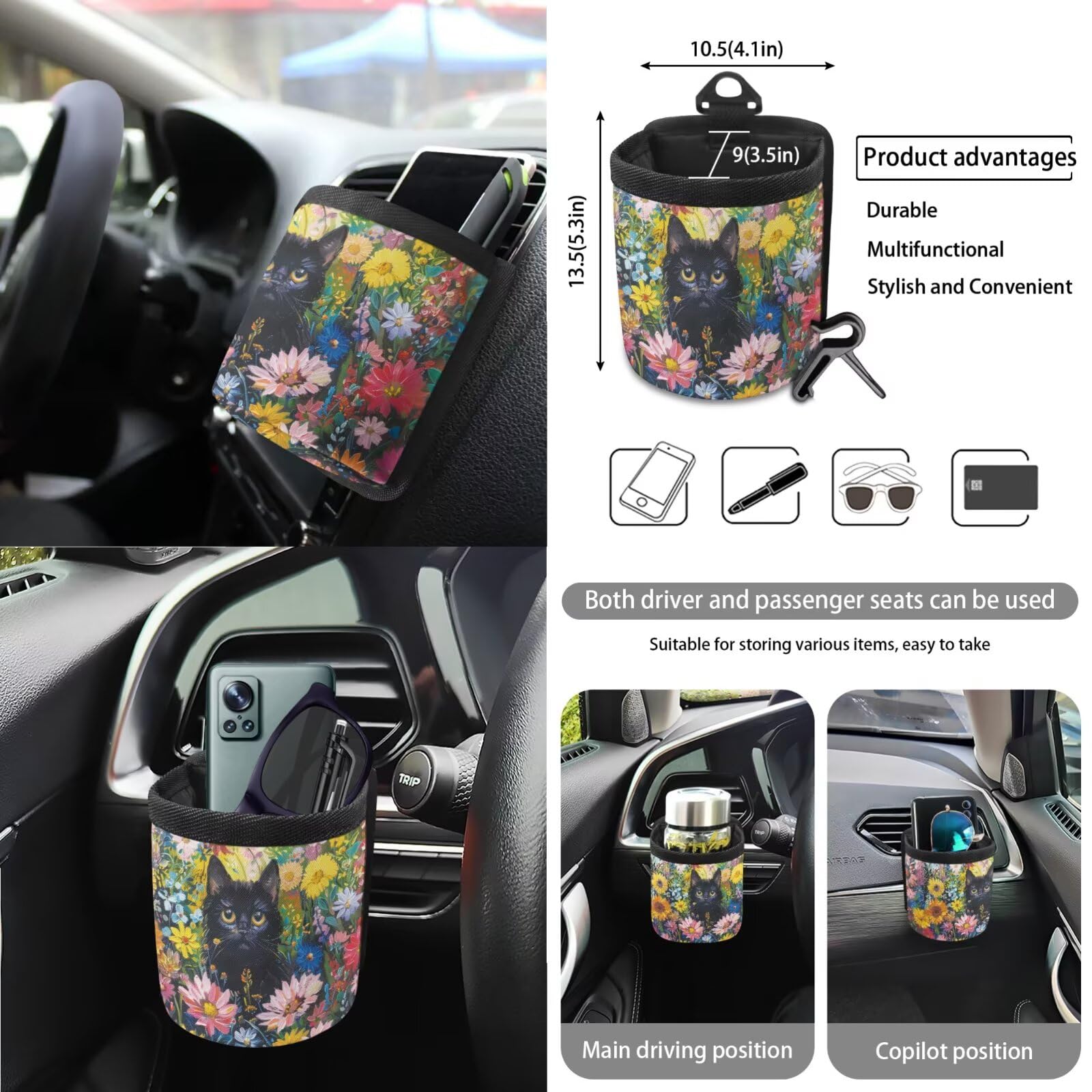 Set di coprisedili e coprivolante per auto con stampa di margherite, con cuscinetti per cintura di sicurezza, copertura interna per specchietto retrovisore, cuscinetti, pattumiera, tasca