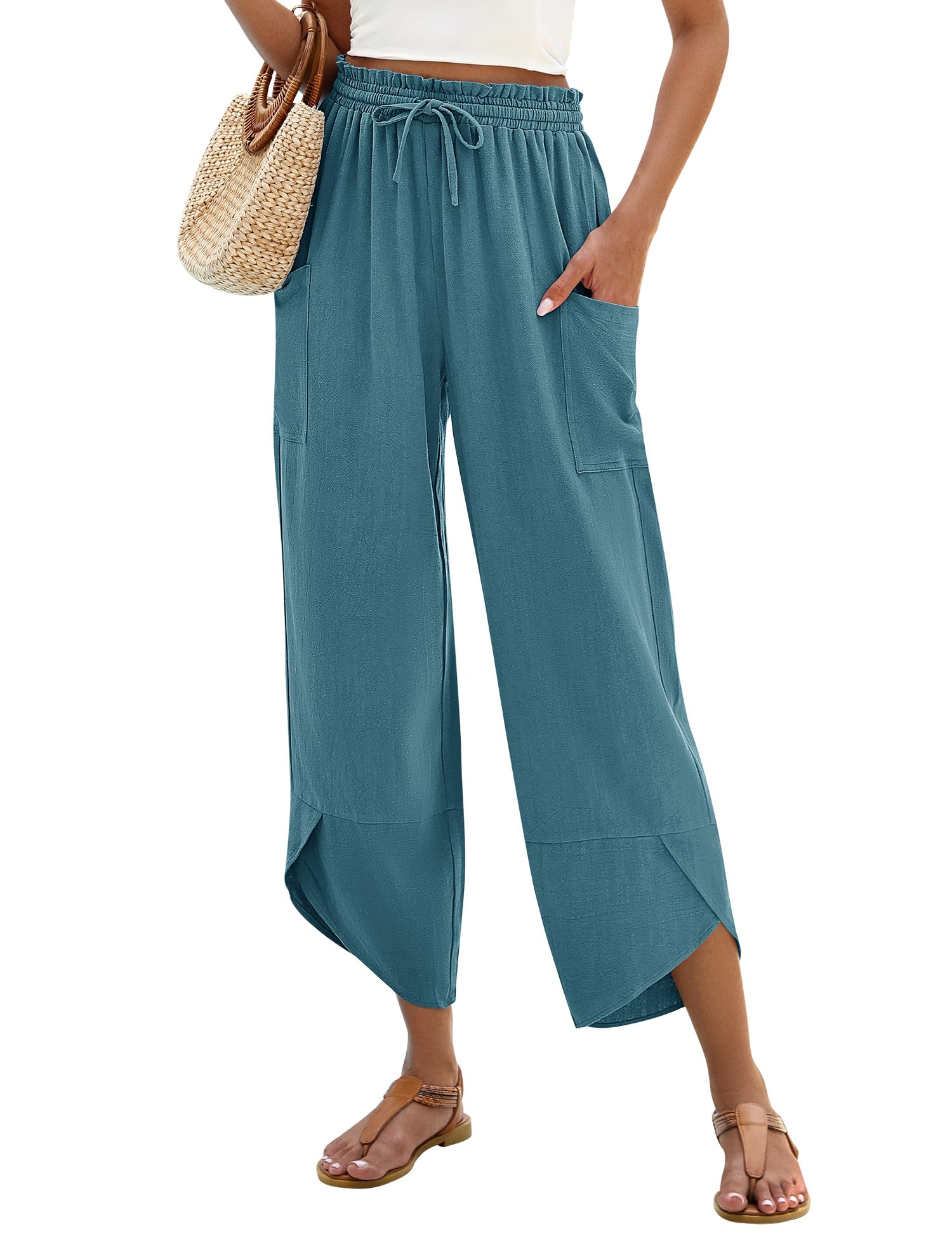 LOMON Linen Pants Women Summer Boho Wide Leg Capri Palazzo