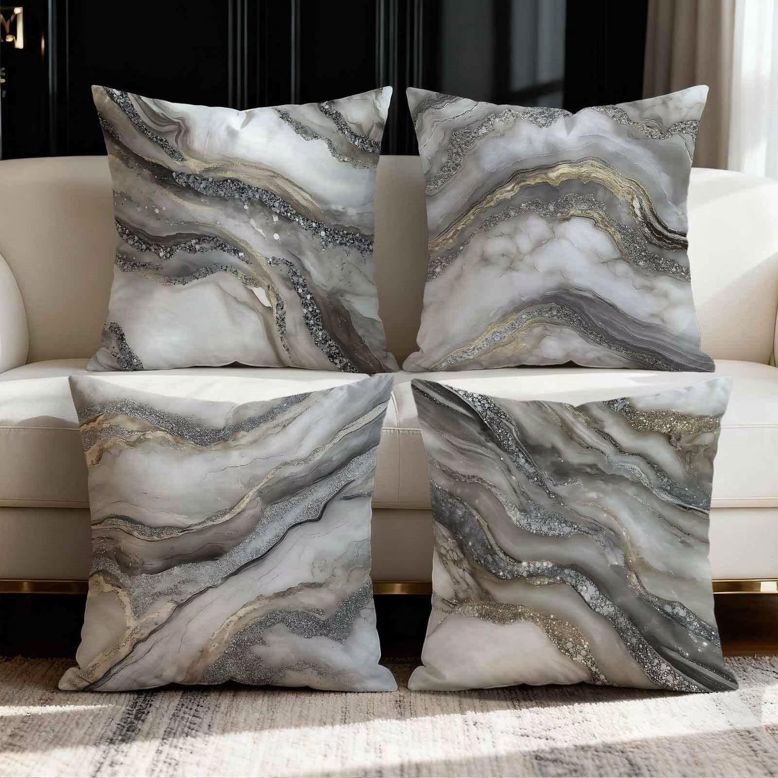 QiHon Cushion Covers 45x45 cm Set of 4 Grey Marble Linen Square Pillow Cases 18x18 inch Modern Decorative Throw Pillow Covers for Sofa Couch Bedroom Home Office with Invisible Zipper