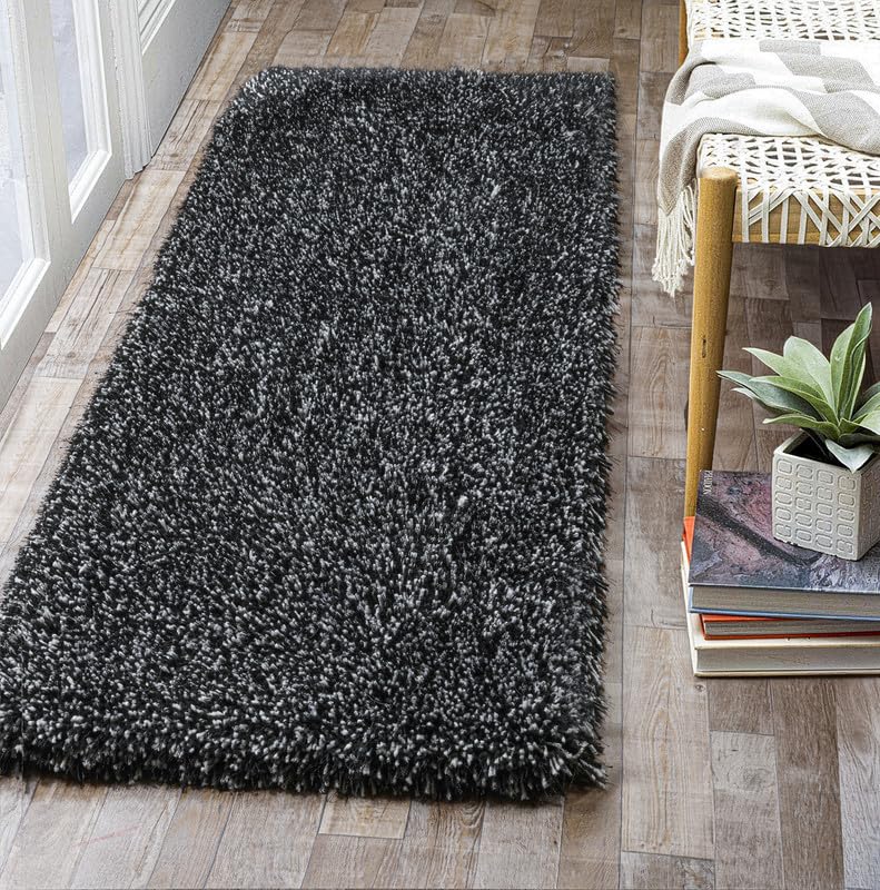 Image of FIASCO Tie Dye Shaggy Carpet Bedside Runner | 2 Inch Pile Height Back in Canvas for Bedroom, Kids Room, Guest Room Microfiber Soft Plush Fluffy Shaggy Carpet | 1.5x4 Feet Black Light Grey Mix
