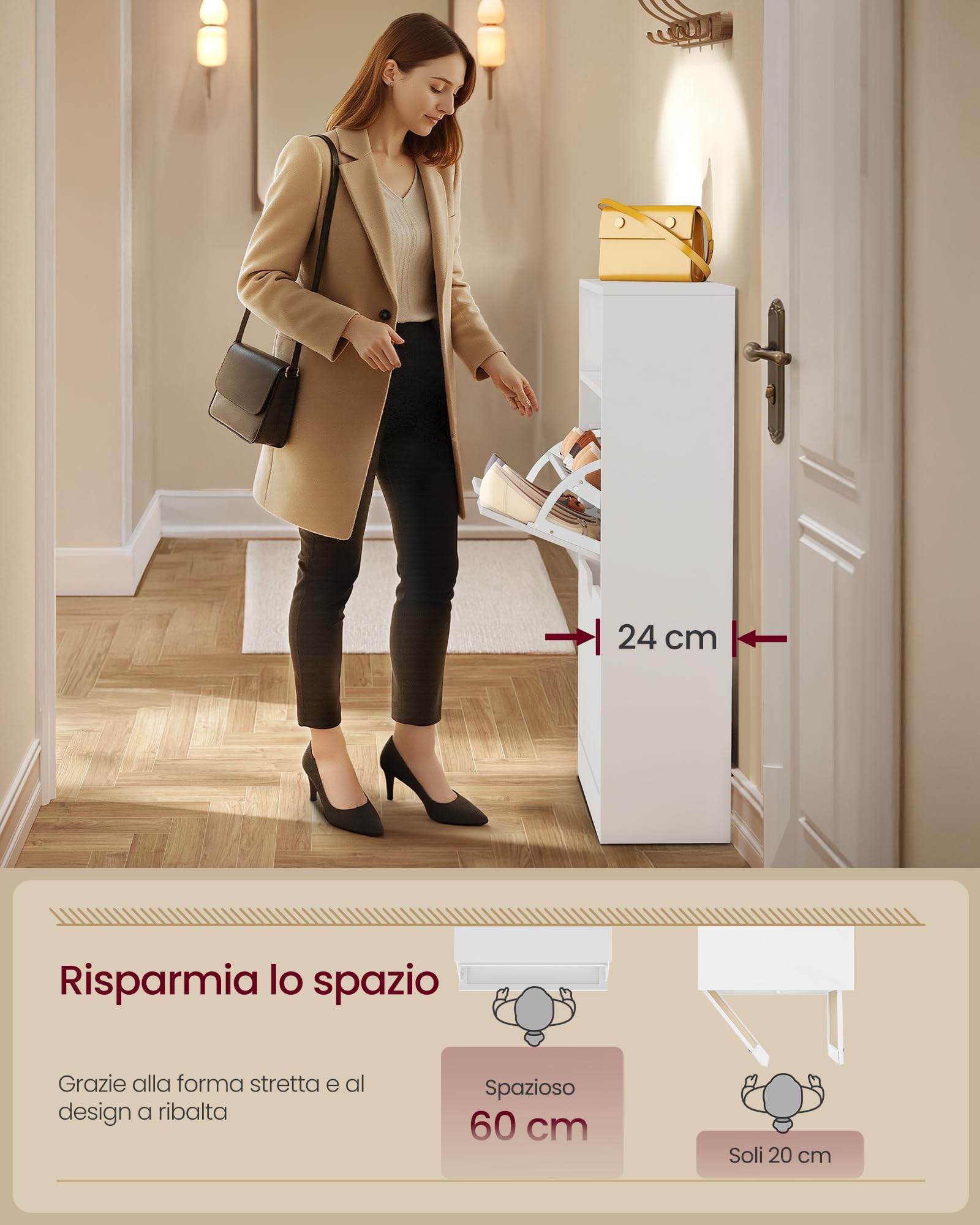 VASAGLE Scarpiera a 2 Ante a Ribalto, Scaffale Portascarpe, Scomparto Aperto, Divisorio Regolabile, 8-12 Paia, per Piccoli Ingressi, 24 x 60 x 102 cm, Bianco Nuvola LBC040W01