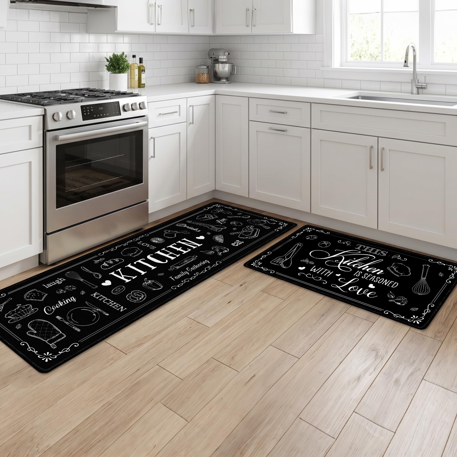 Luvart Kitchen Mats and Rugs Washable, Cooking Theme Kitchen Runners Non Slip Set of 2, Washable Large Rug Carpets for Home Standing Decoration(43x75 cm+43x150 cm)
