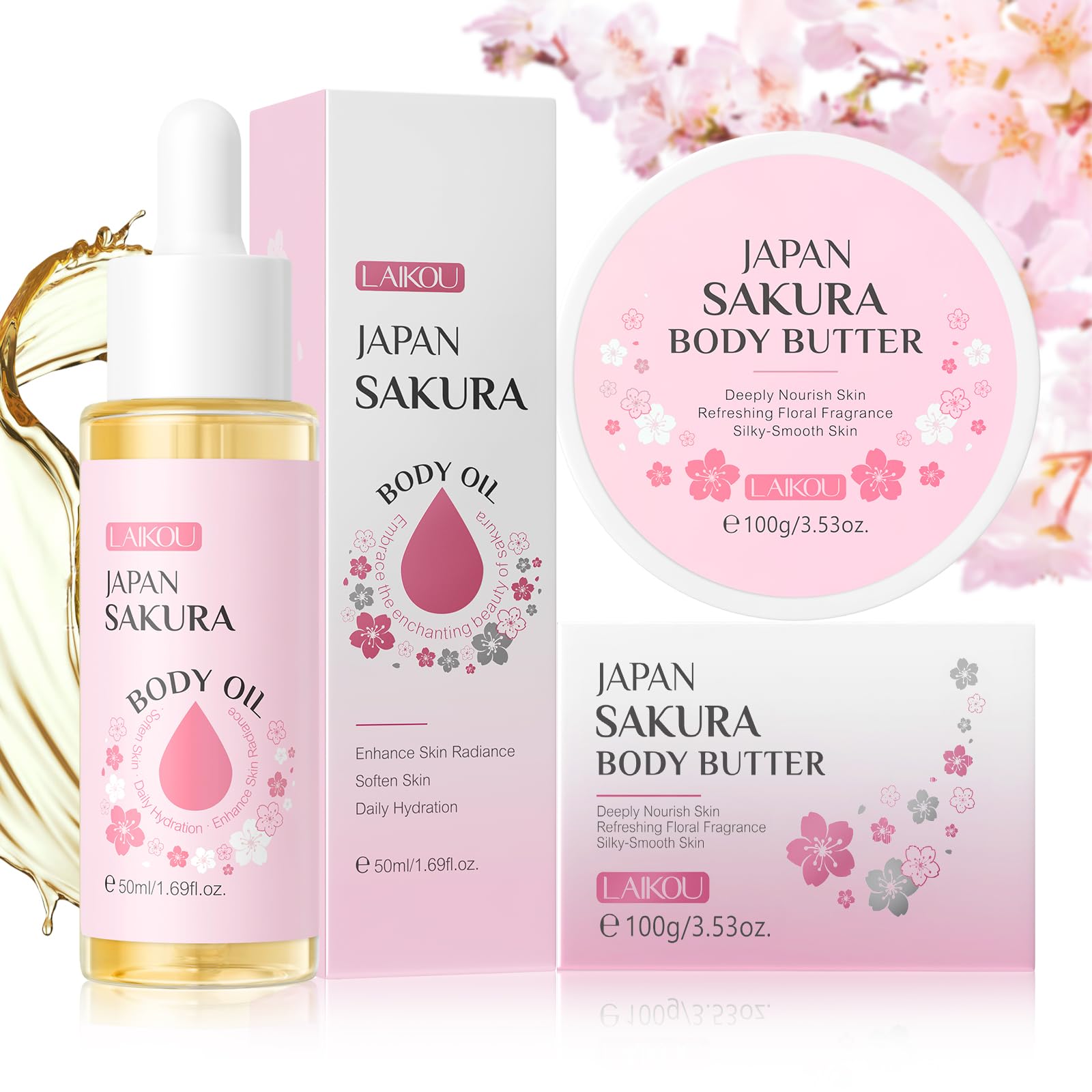 LAIKOU Sakura Body Care Set, Body Butter 100g & Body Oil 50ml, Nourishing Skincare with Shea Butter & Jojoba Oil, Floral Sakura Scent for Dry & Sensitive Skin, Luxurious Spa Set Self-Care for Women