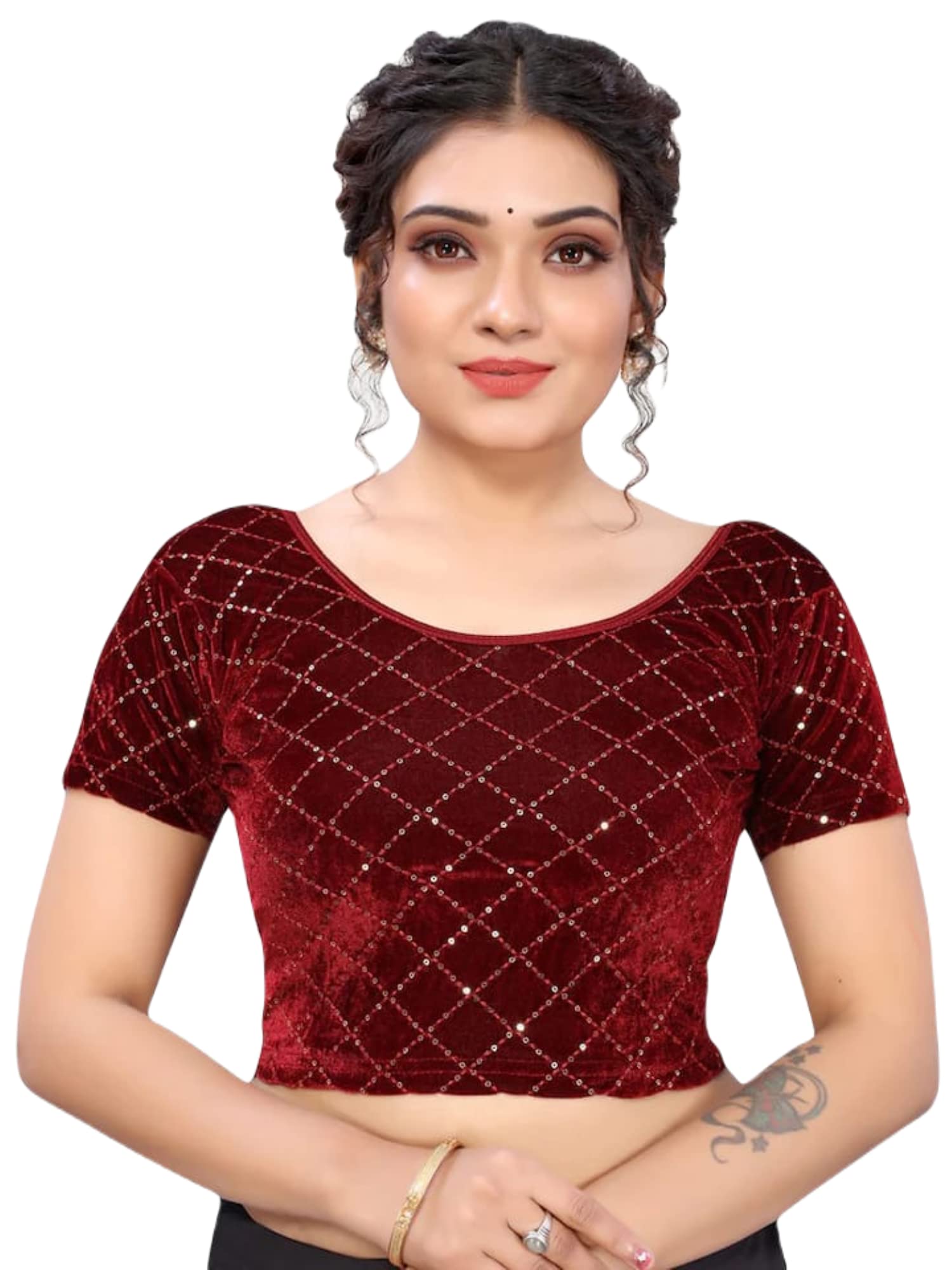 SHUBHAM EXCLUSIVEWomen's Readymade Round Neck Sequance Work Short Sleeve Velvet Blouse
