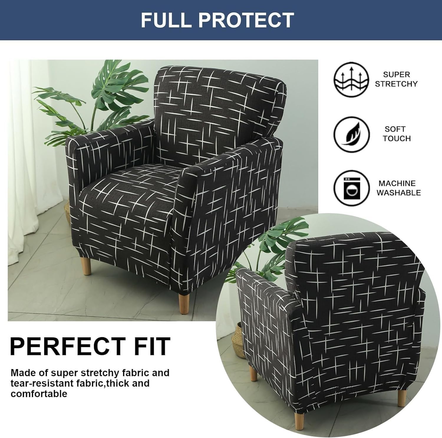 Housse De Fauteuil Extensible Club - Protection Amovible Et Lavable - Style Chesterfield - Noir