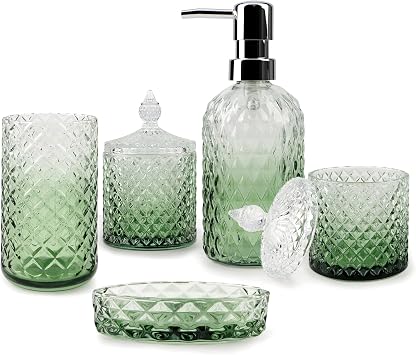 5Pcs Glass Bathroom Accessories Set,Green Vintage Bathroom Accessory Set