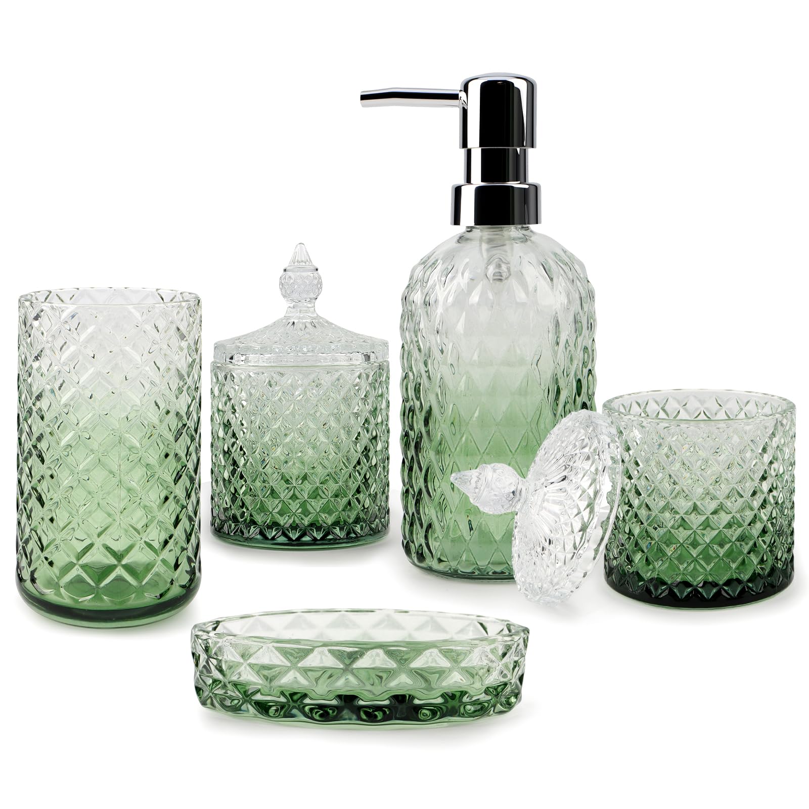 Accessoires de salle de bain en verre vert rétro pour créer une ambiance spa autour de l'évier
