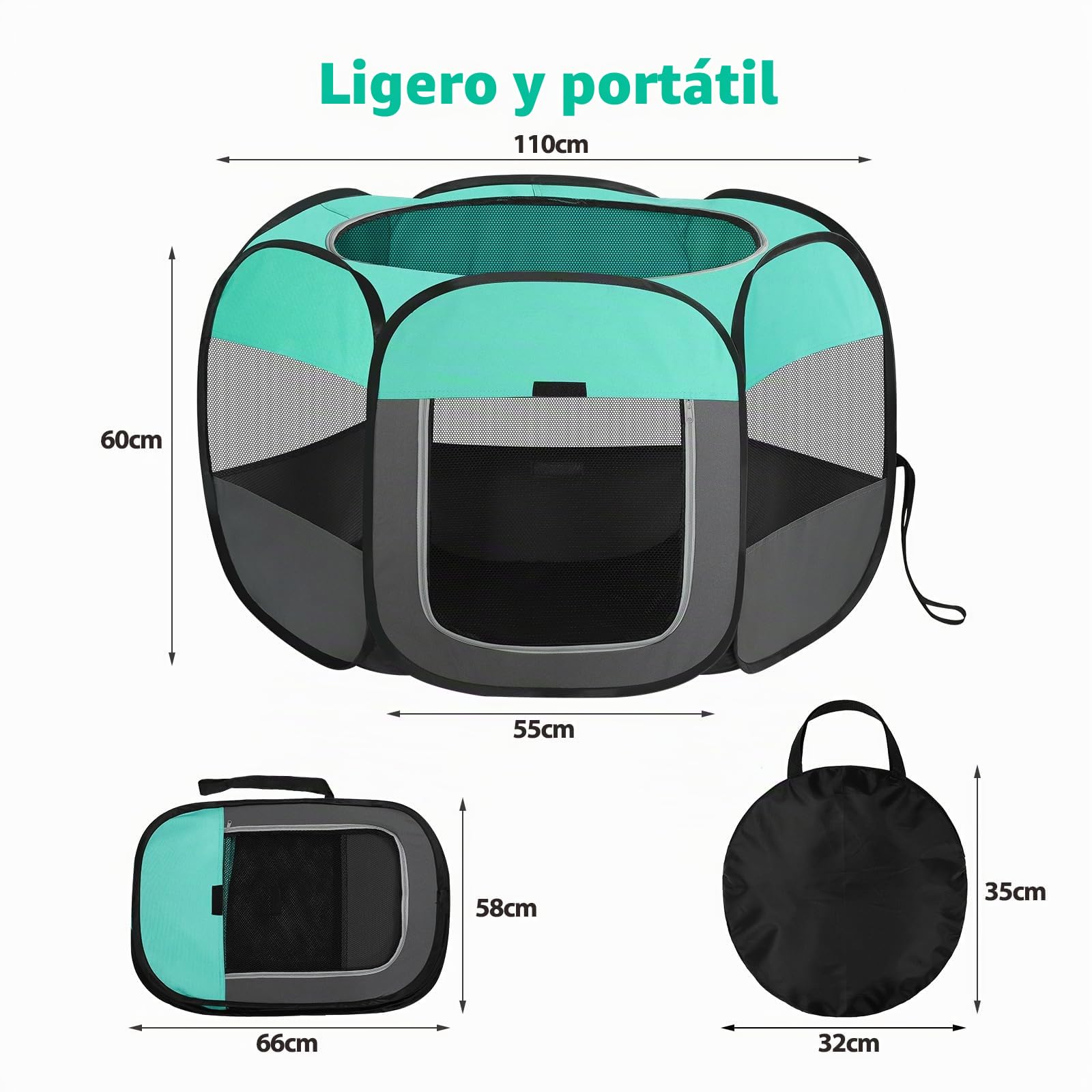 Parque para Perros, Jaula para Perro Plegable, Corralito para Perros Gatos Cachorros Animales Pequeños Interior Exterior, Tela Oxford con Bolsa Viajes (Verde, L(110x110x60cm), 6)
