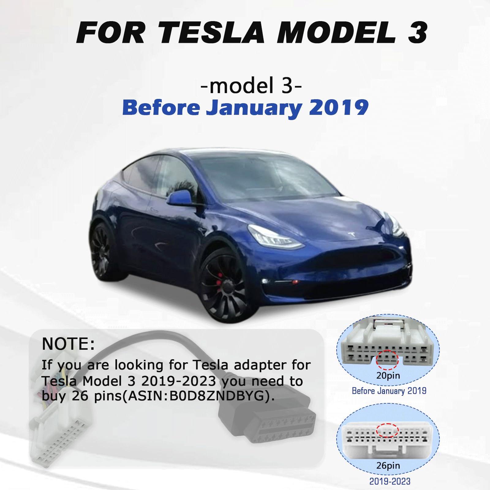 VZG OBD2 Adapter for Tesla Model 3 OBD Y Cable, 20 Pin to 16 Pin Diagnostic Connector,Car OBDII 20 Pin Adapter for Tesla Model 3 Before 2019 Vehicle,Work with OBD Code Reader Scanner