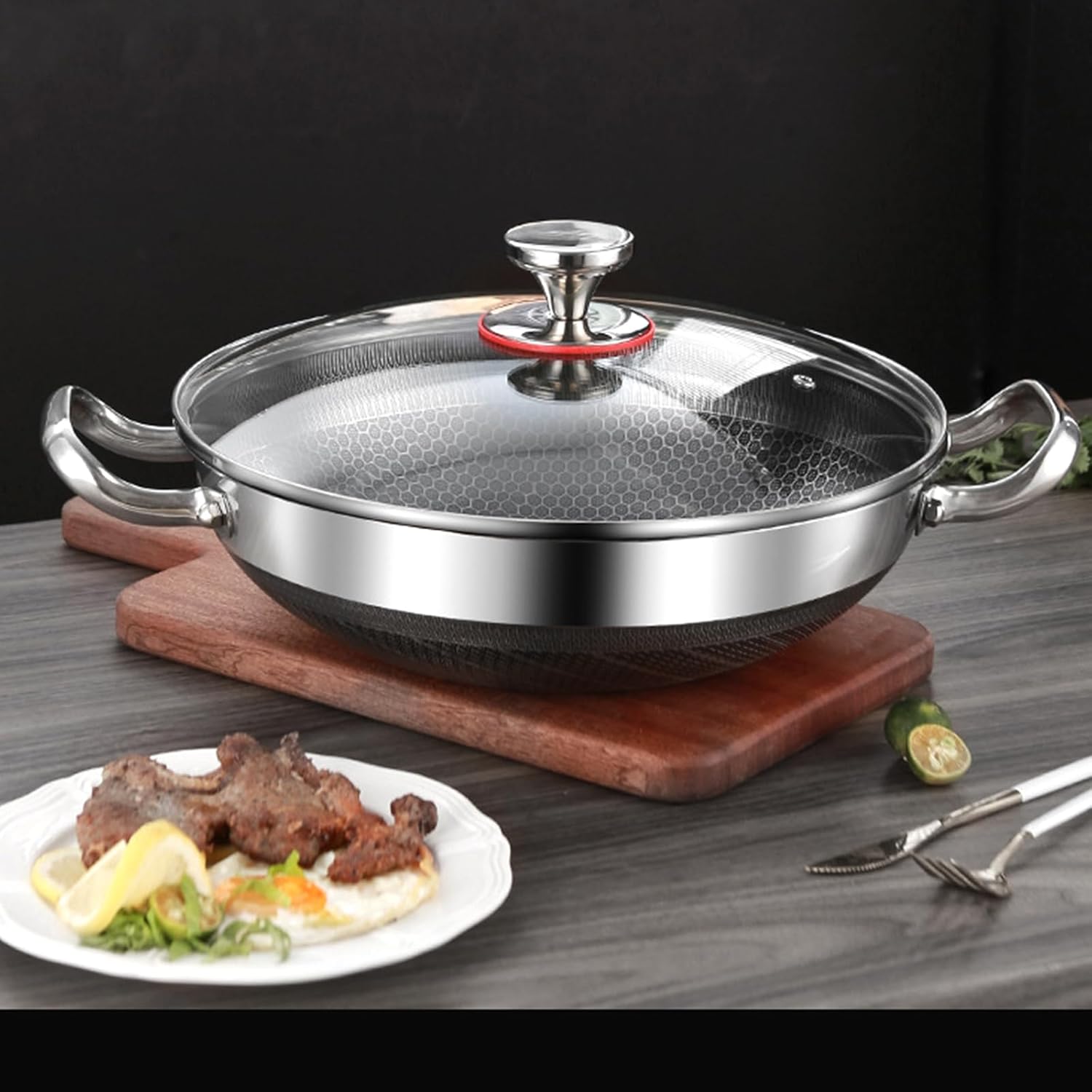 Wok Pan, Hybrid Nonstick Wok with Lid, Non Stick Stainless Steel Large Deep Woks&Stir-Fry Pans,Stay-Cool Handle Skillets,PFOA Free Cookware, Works on Induction,13.39in