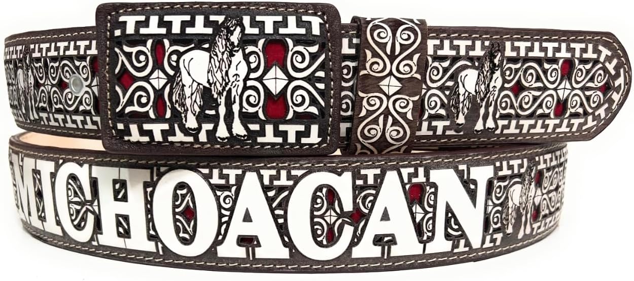 Men's Laser Cut Michoacan Brown Western Belt, Saddle Horse Cinto Charro Vaquero Michoacan