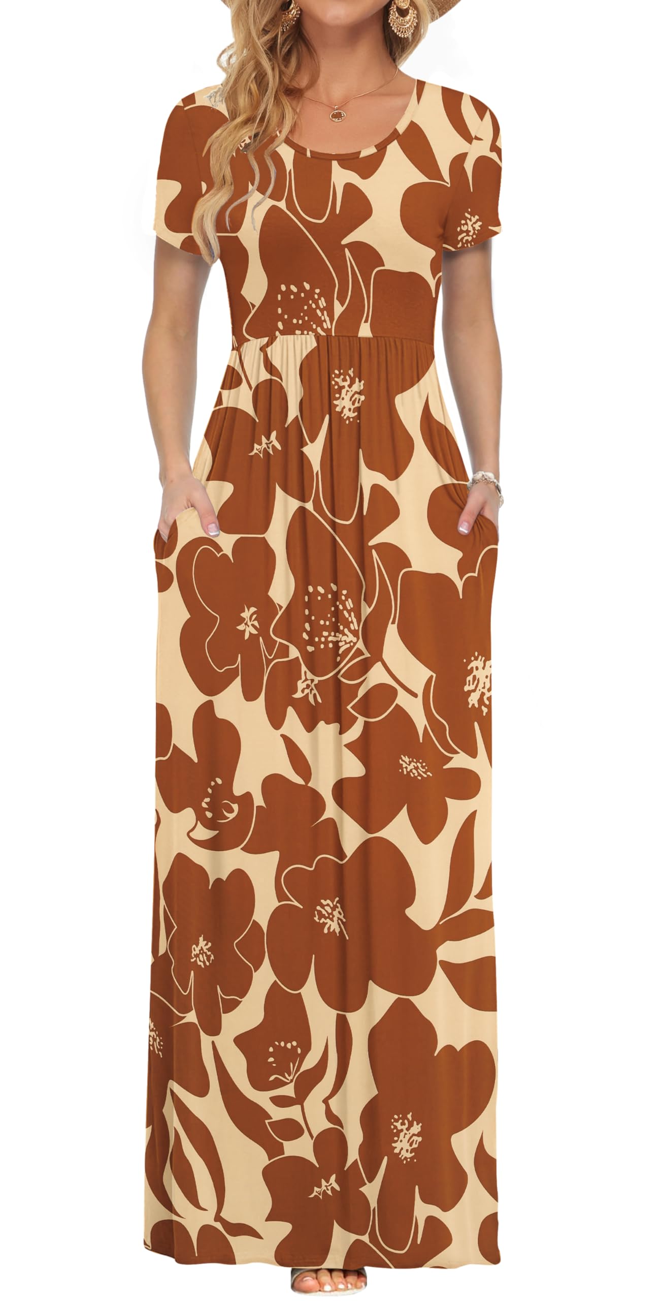 AUSELILY Maxi Dress for Women Summer Casual Long Dresses for Ladies with Pockets Khaki Yellow Flowers 3XL