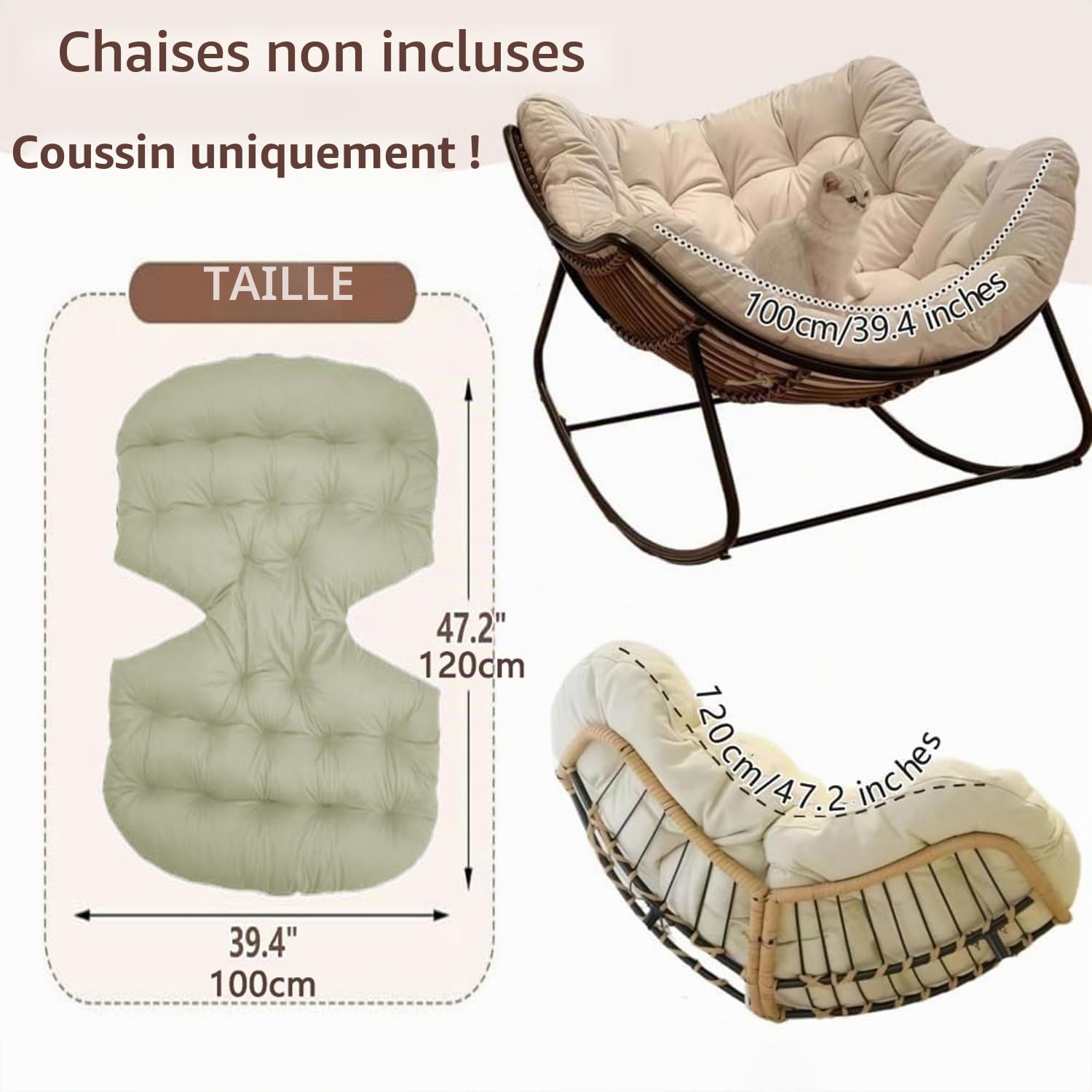 Coussin de Chaise à Bascule Intérieur Extérieur – Épais et Doux for Fauteuils Papasan, Œuf, Rotin et Wicker – Coussin de Siège for Véranda, Jardin, Patio, Salon (Coussin Seul)(Noir)