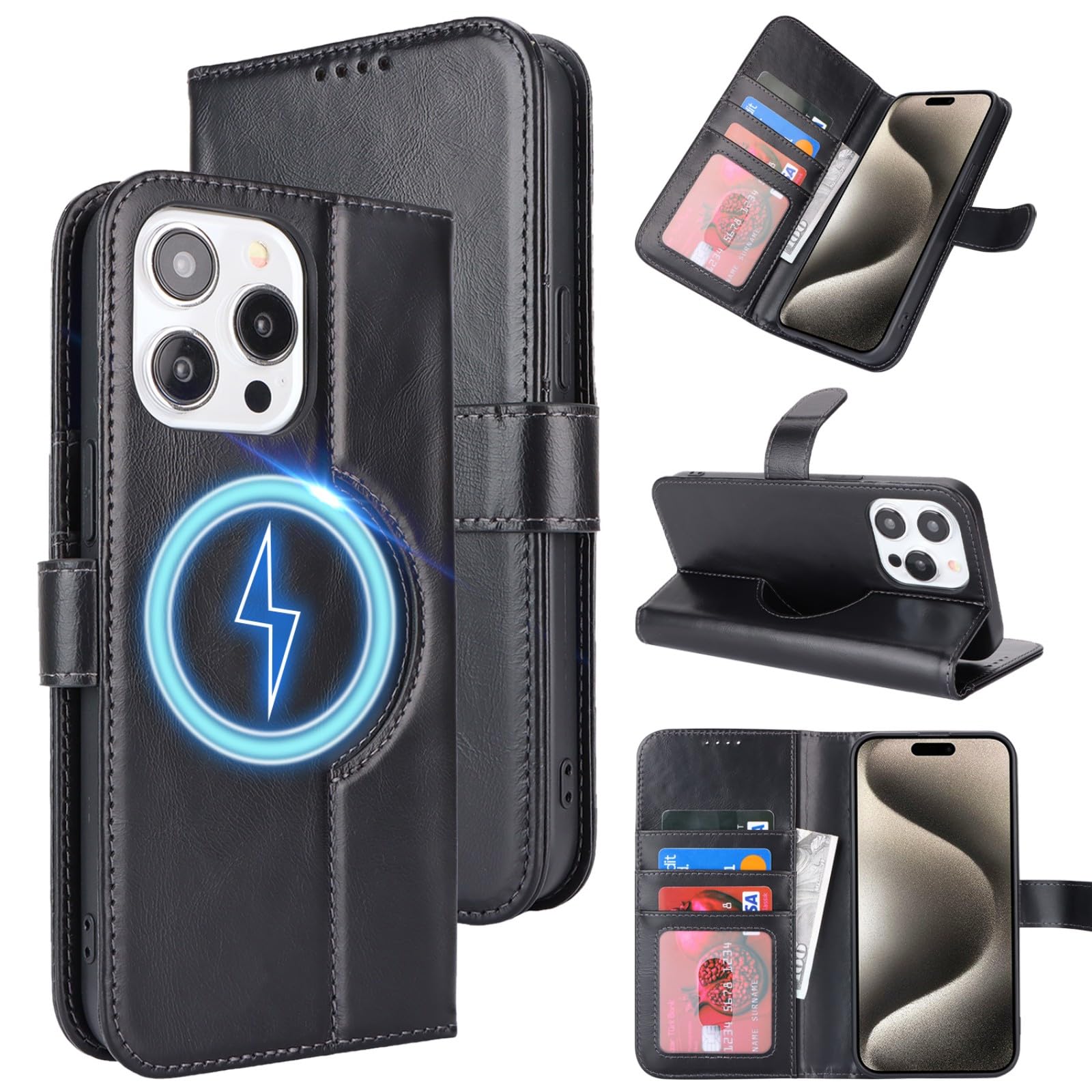 Zouzt for iPhone 15 Pro Max 6.7 Inch Genuine Leather Wallet Case with Card Holder, Compatible with MagSafe Magnetic Wireless Charging Flip Folio Cover