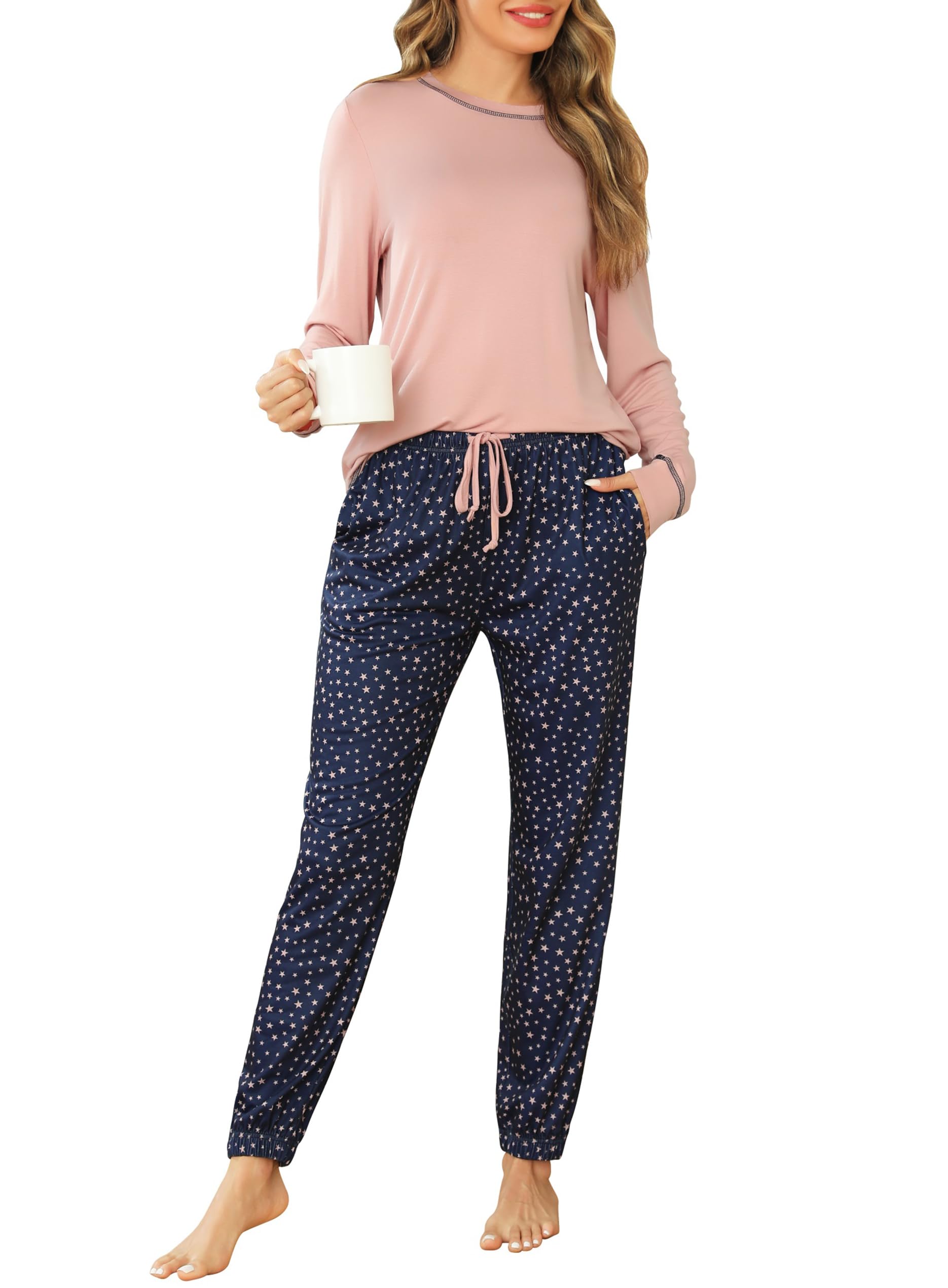 Lovasy Pigiama Donna Manica Lunga Pantaloni Lunghi Casual Scollo a V Top con Motivo a Pois Carino con Tasca Due Pezzi