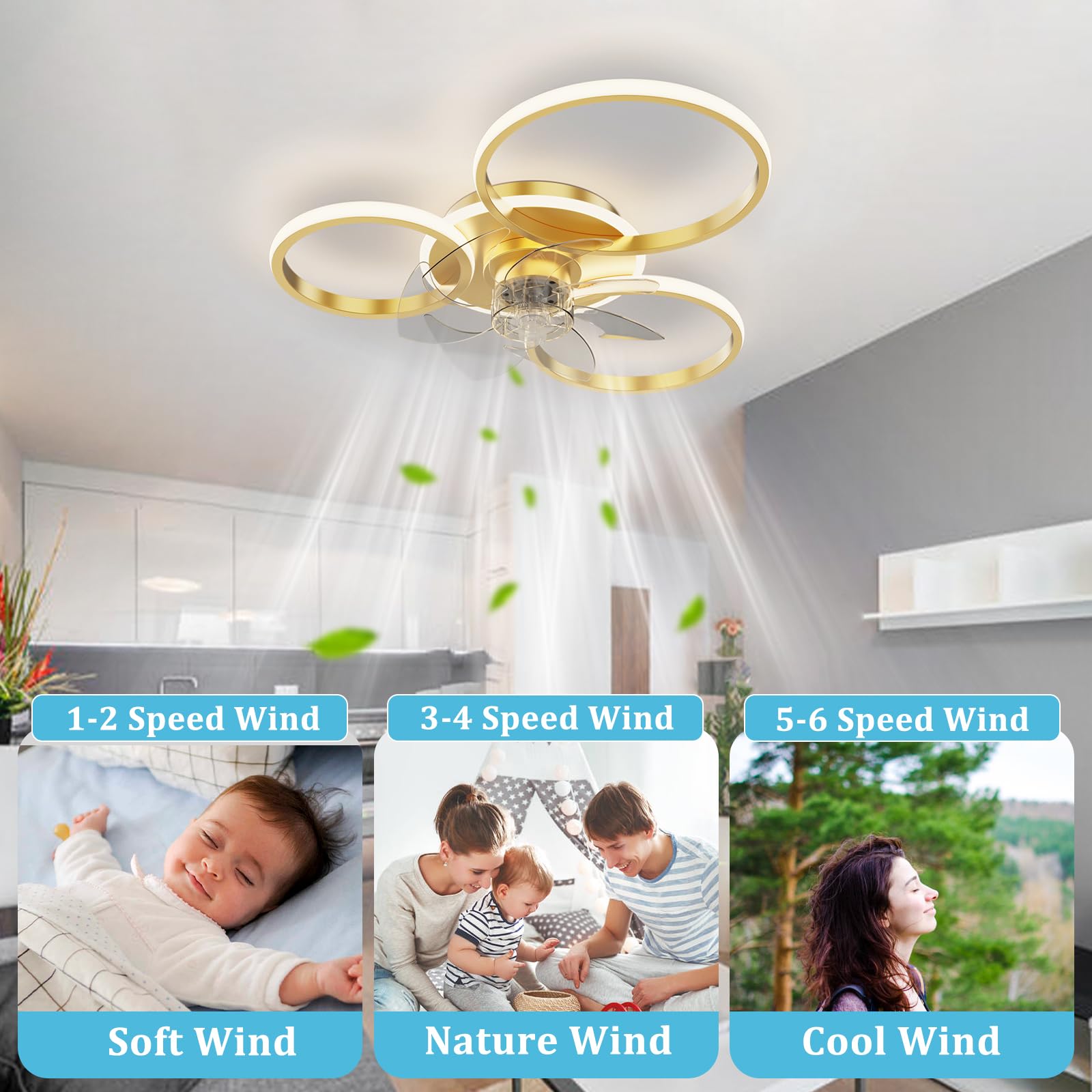 Ventilatore A Soffitto Con Plafoniera LED Dimmerabile - 7 Pale In ABS - Telecomando 6 Velocità - Funzione Luce Notturna E Timer - Colore Oro