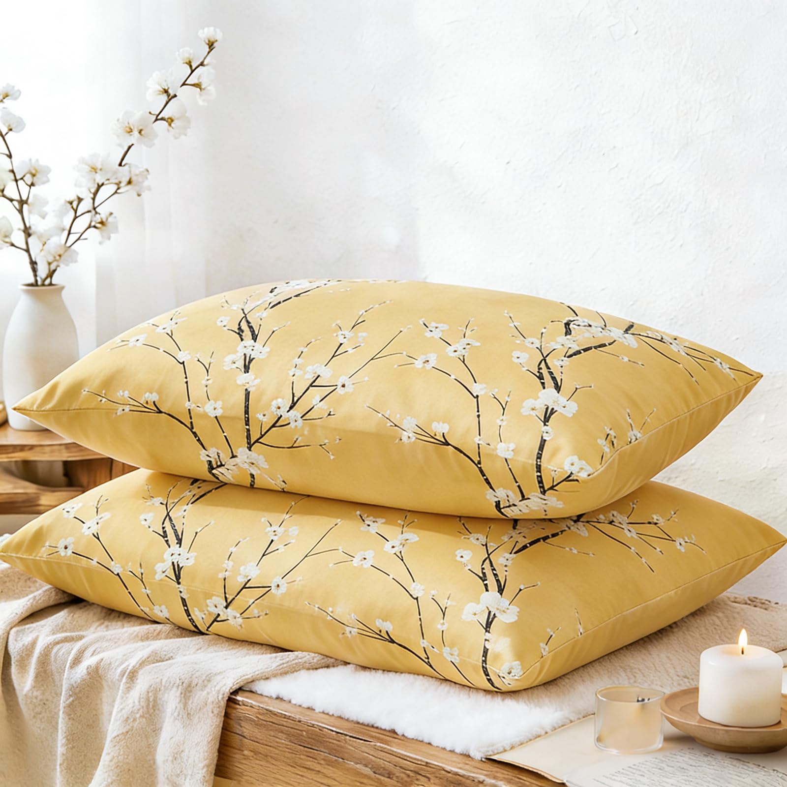 Wotcsil Floral Printed Pillow Cases 2 Pack, Soft Brushed Microfiber Pillowcases Standard Size 50x75cm Pillow Covers Flower Leaves Pattern with Envelope Closure, Yellow